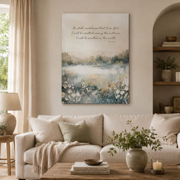 Be Still and Know That I Am God Canvas Print, Psalm 46:10 Scripture Wall Art, Neutral Christian Landscape Painting, Peaceful Faith Home Decor