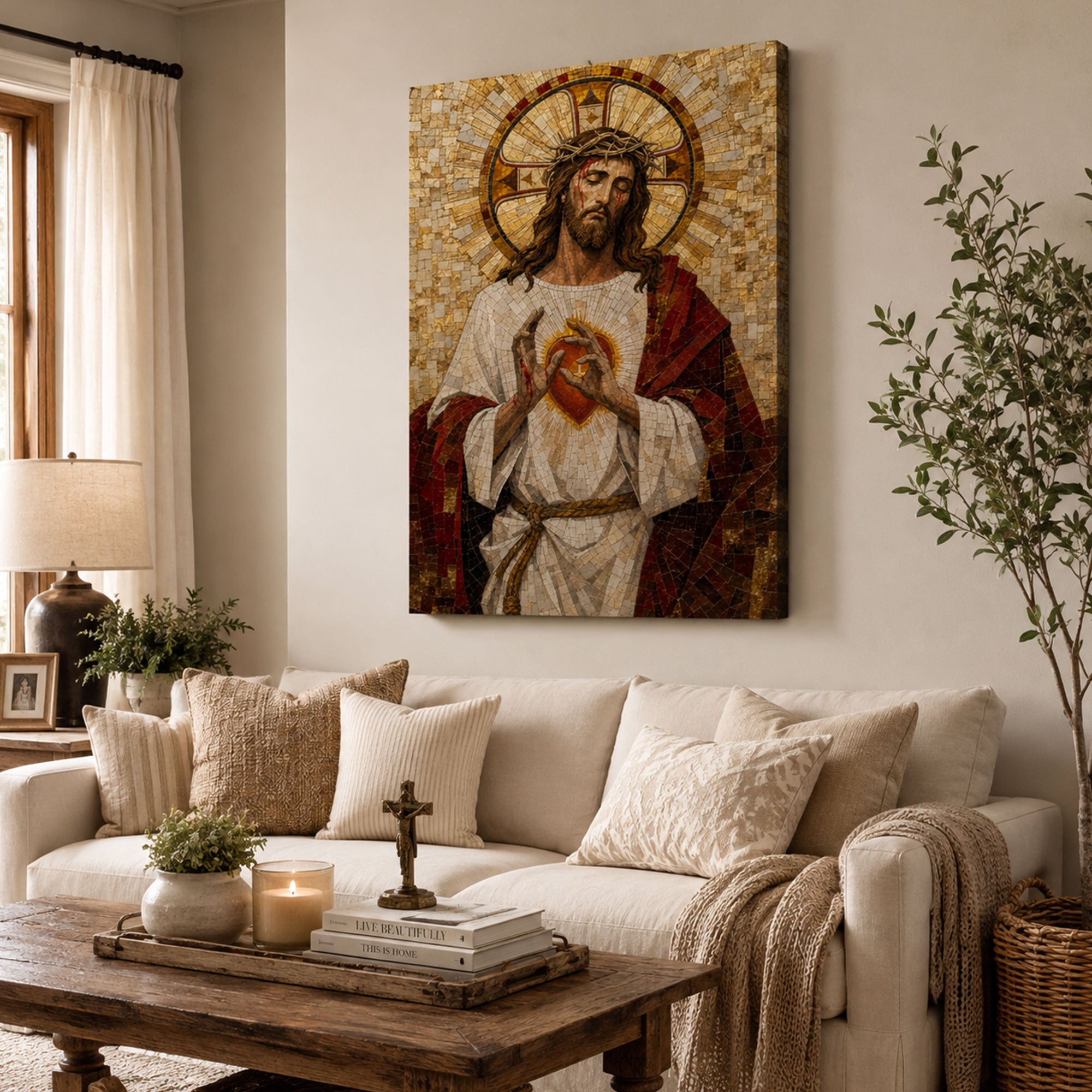 Sacred Heart of Jesus Mosaic Canvas Print, Catholic Home Decor