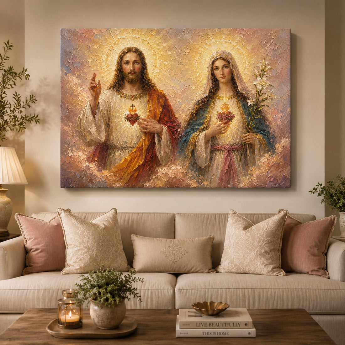 Sacred Heart of Jesus and Immaculate Heart of Mary Canvas Print, Catholic Wall Art, Christian Religious Home Decor, Devotional Faith Gift