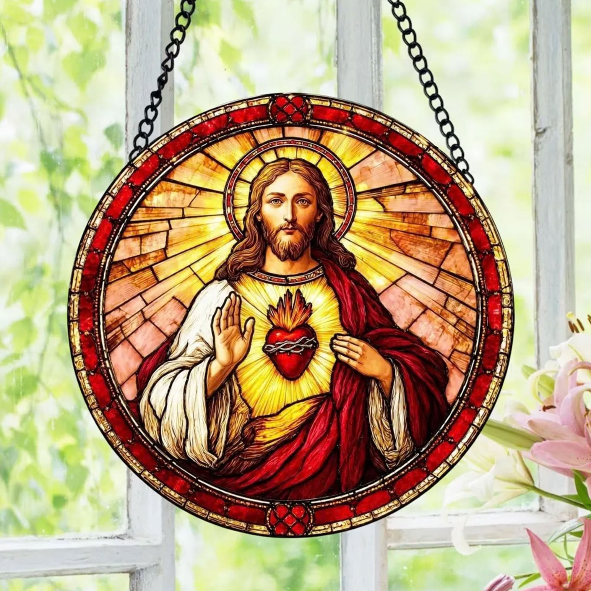 Sacred Heart of Jesus Suncatcher, Catholic Window Hanging, Christian Religious Gift