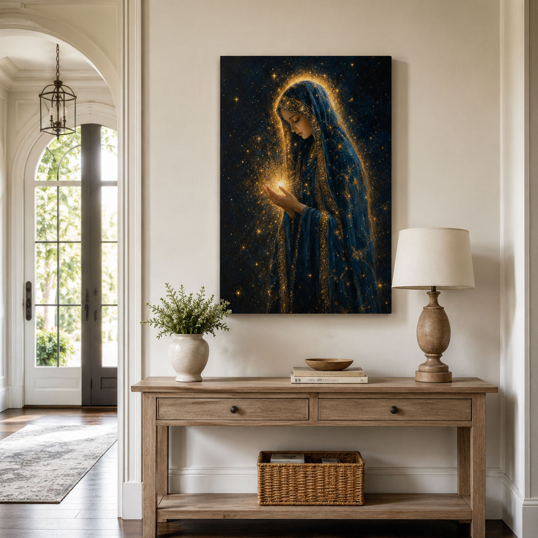 Blessed Virgin Mary Holding Divine Light Canvas Print, Midnight Blue Catholic Decor