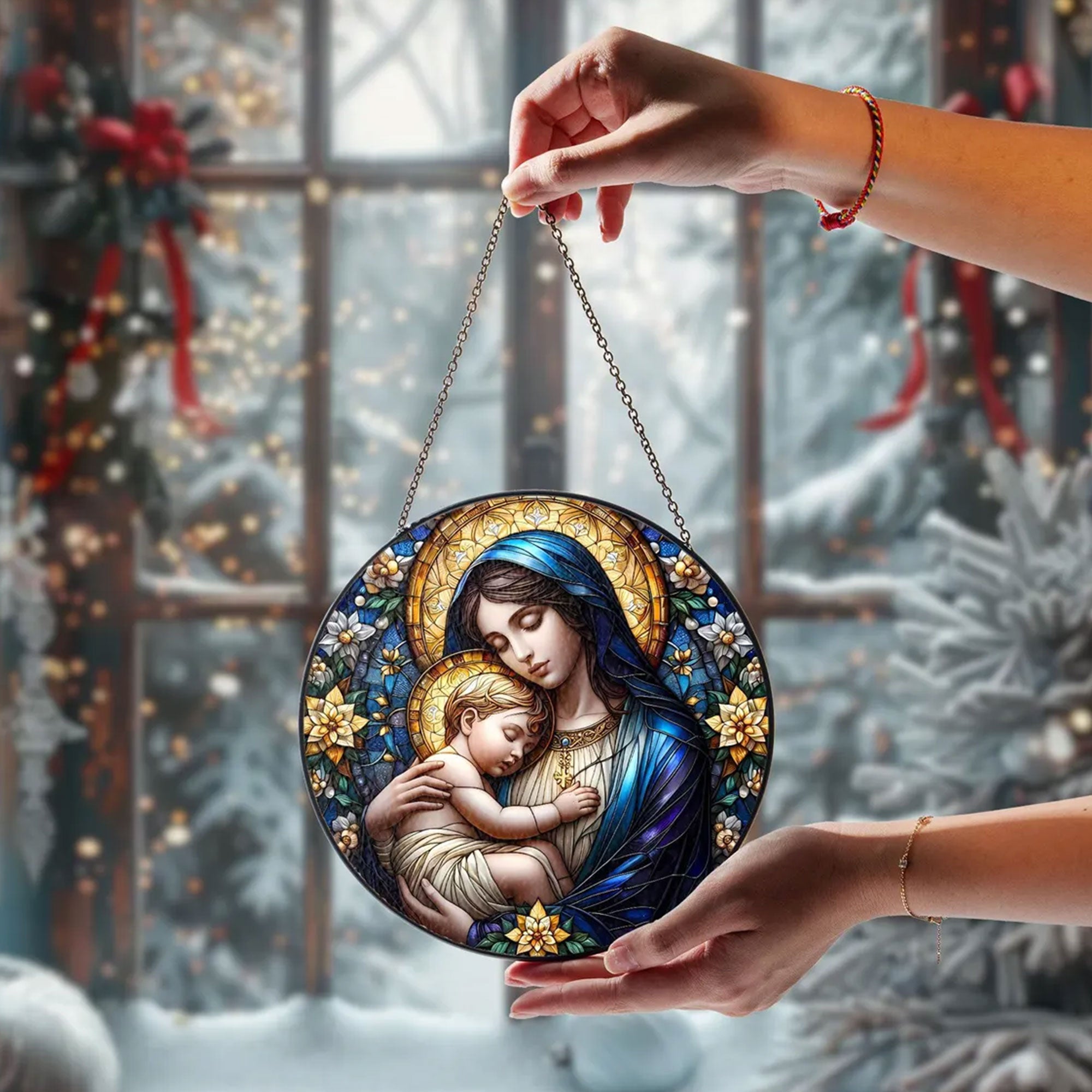 Virgin Mary and Baby Jesus Suncatcher, Blessed Mother Catholic Window Hanging, Christian Gift for Mom