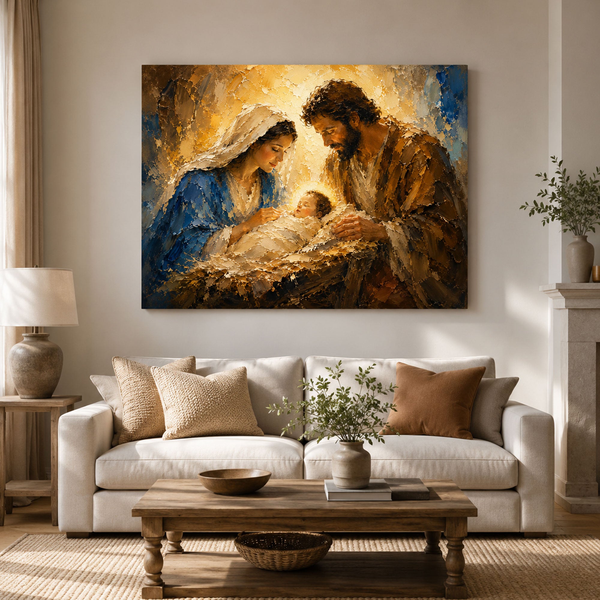 Holy Family Nativity Canvas Print, Baby Jesus in Manger Wall Art, Christmas Christian Painting, Catholic Religious Home Decor