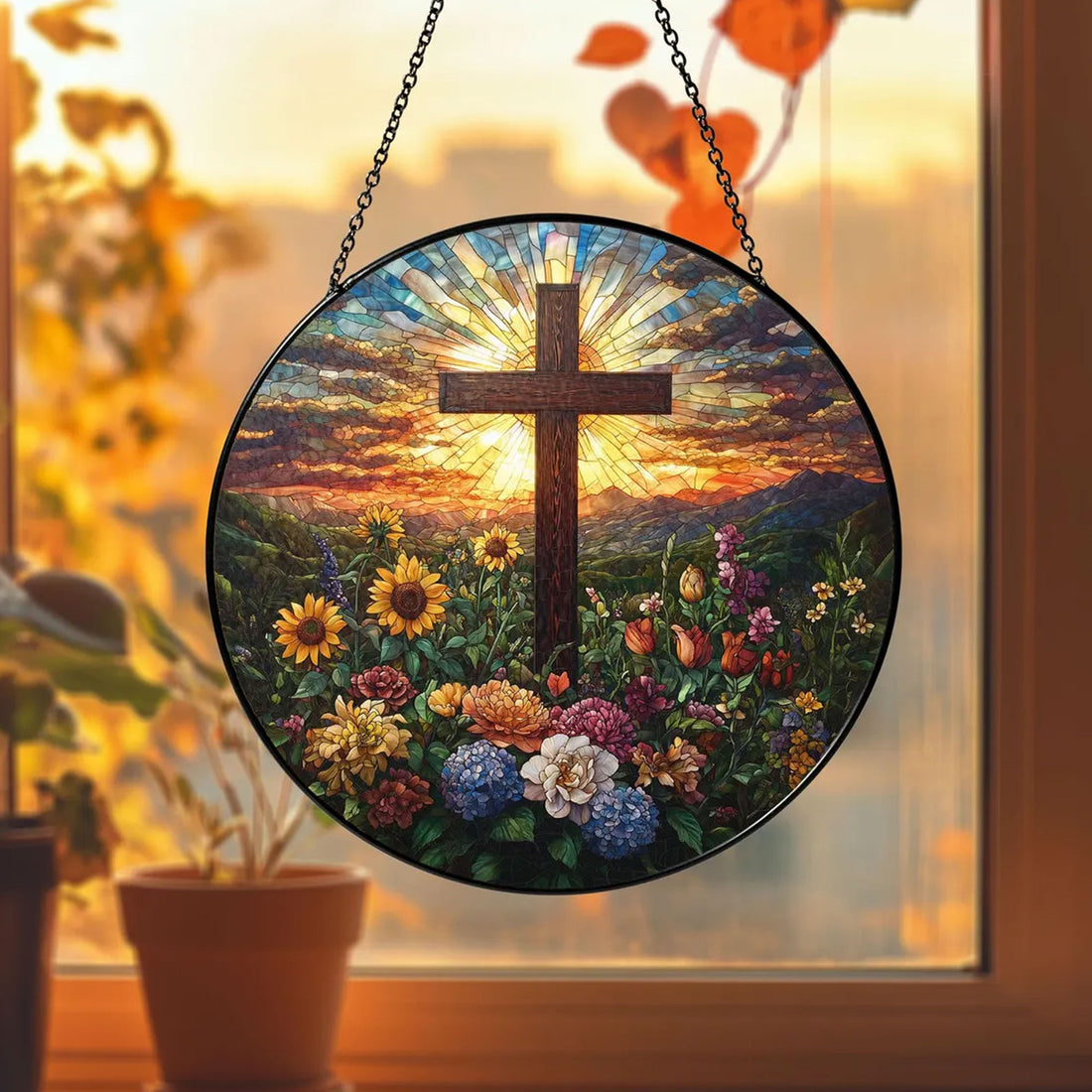Stained Glass Cross Suncatcher with Wildflowers and Sunset, Christian Window Hanging Decor, Religious Faith Gift
