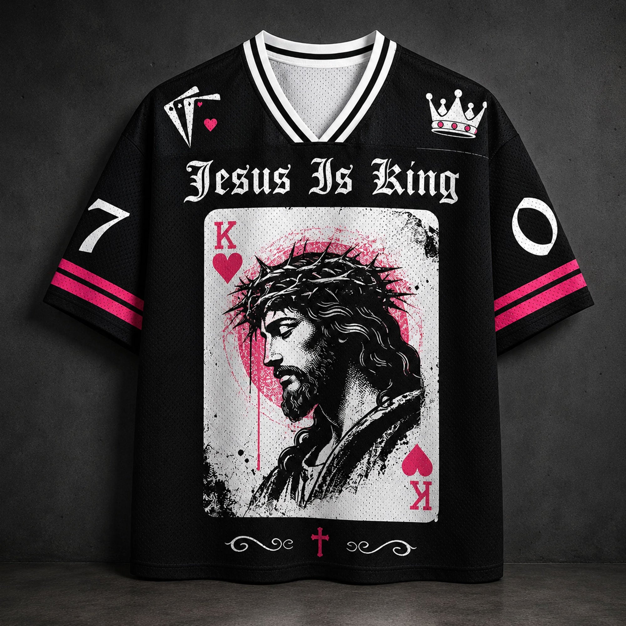 Personalized Jesus Is King Christian Mesh Jersey, Custom Name and Number, King of Hearts Faith Shirt