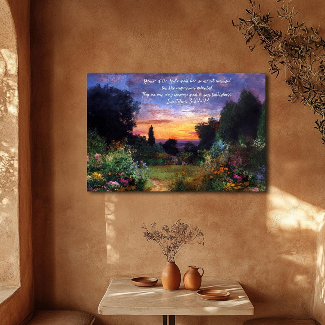 Lamentations Bible Verse Canvas Print, Christian Wall Art, Vintage Sunset Landscape Scripture Decor, Religious Faith Gift