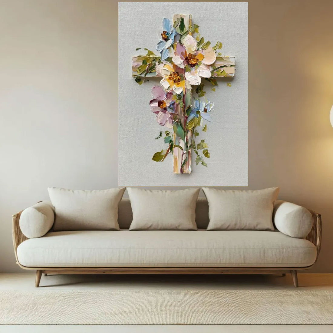 Floral Cross Canvas Print, Rustic Christian Wall Art, Flower Cross Religious Decor, Spiritual Home Decoration, Inspirational Faith Gift
