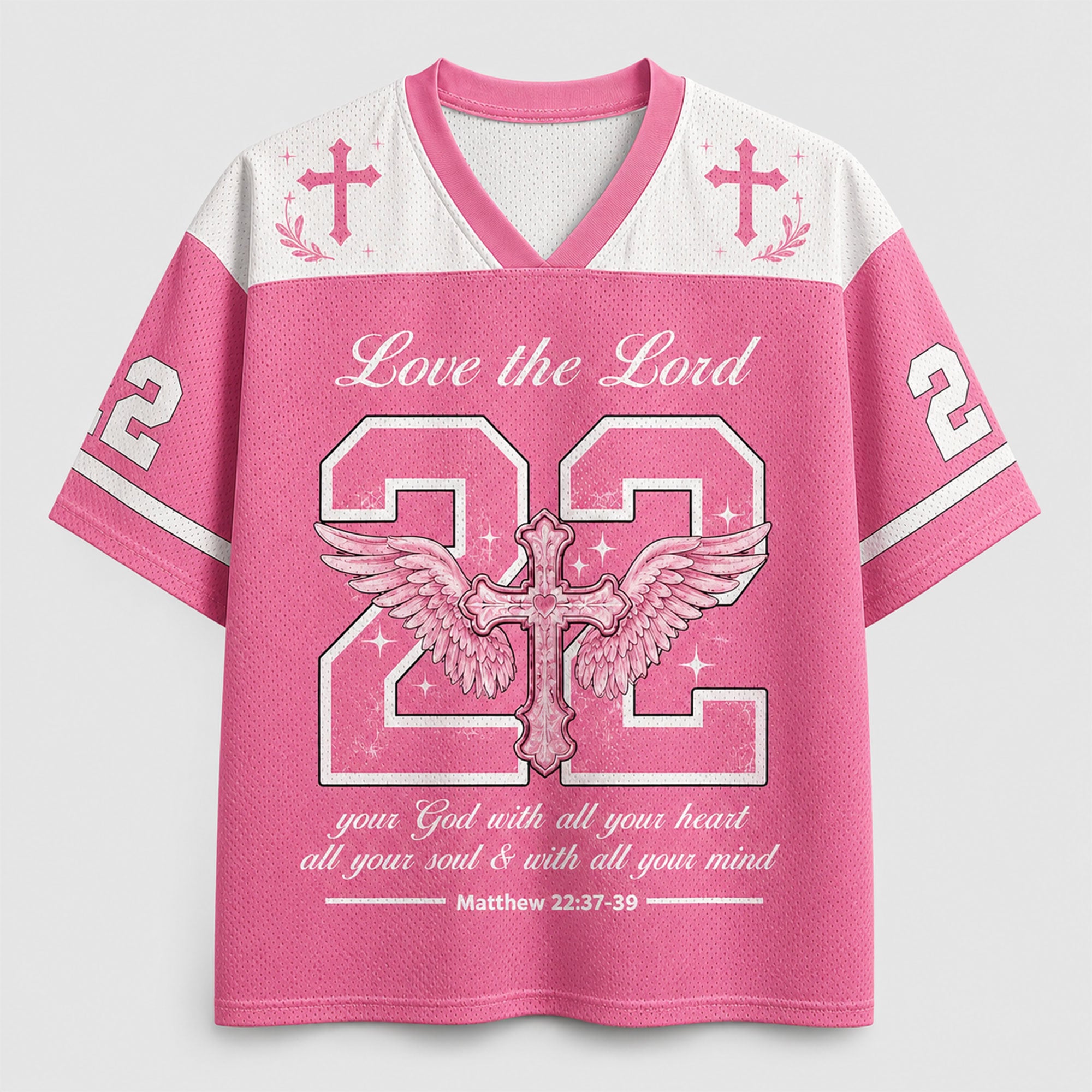 Love the Lord Christian Mesh Jersey, God First Cross Wings Shirt, Matthew 22:37–39 Bible Verse Faith Apparel