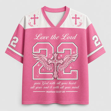 Love the Lord Christian Mesh Jersey, God First Cross Wings Shirt, Matthew 22:37–39 Bible Verse Faith Apparel