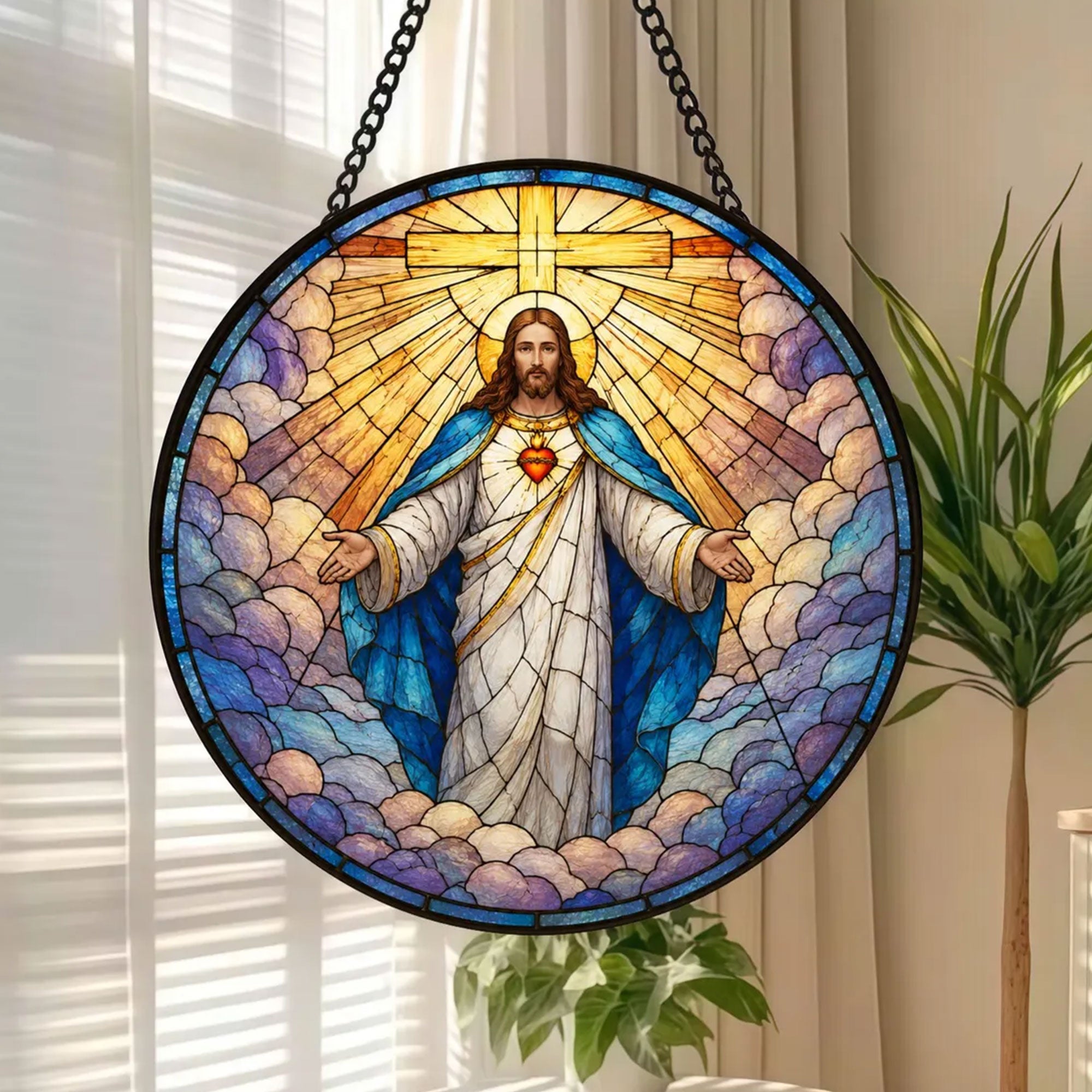 Sacred Heart of Jesus Suncatcher, Radiant Cross Catholic Window Hanging, Christian Faith Decor