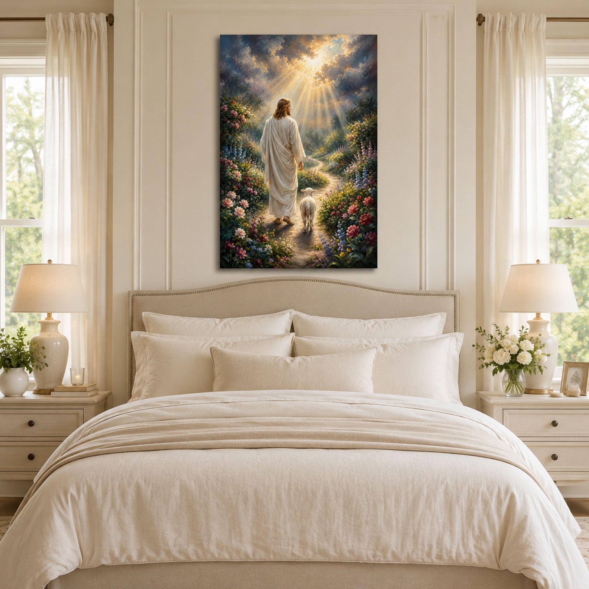 Jesus Leading a Lamb Toward Heaven Canvas Print, Christian Home Decor