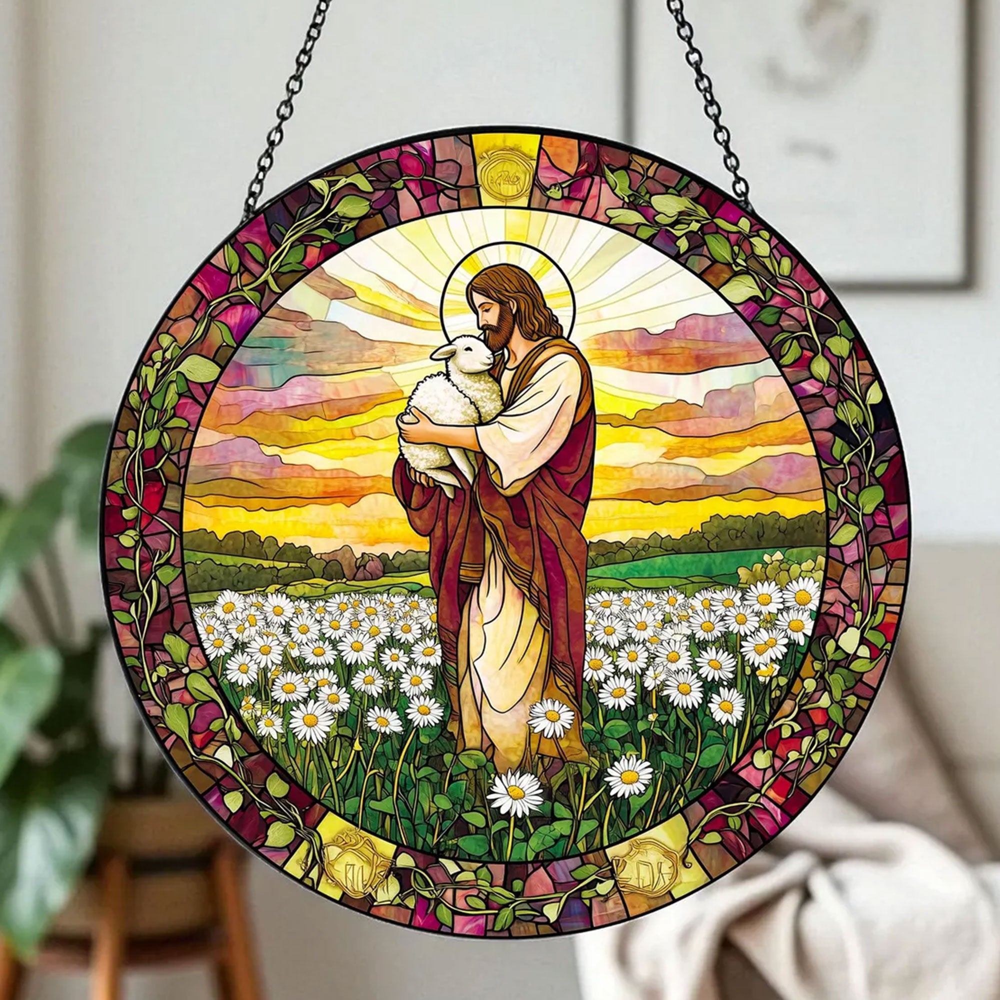 Stained Glass Jesus Holding Lamb Suncatcher, Golden Field Window Hanging, Christian Decor Gift
