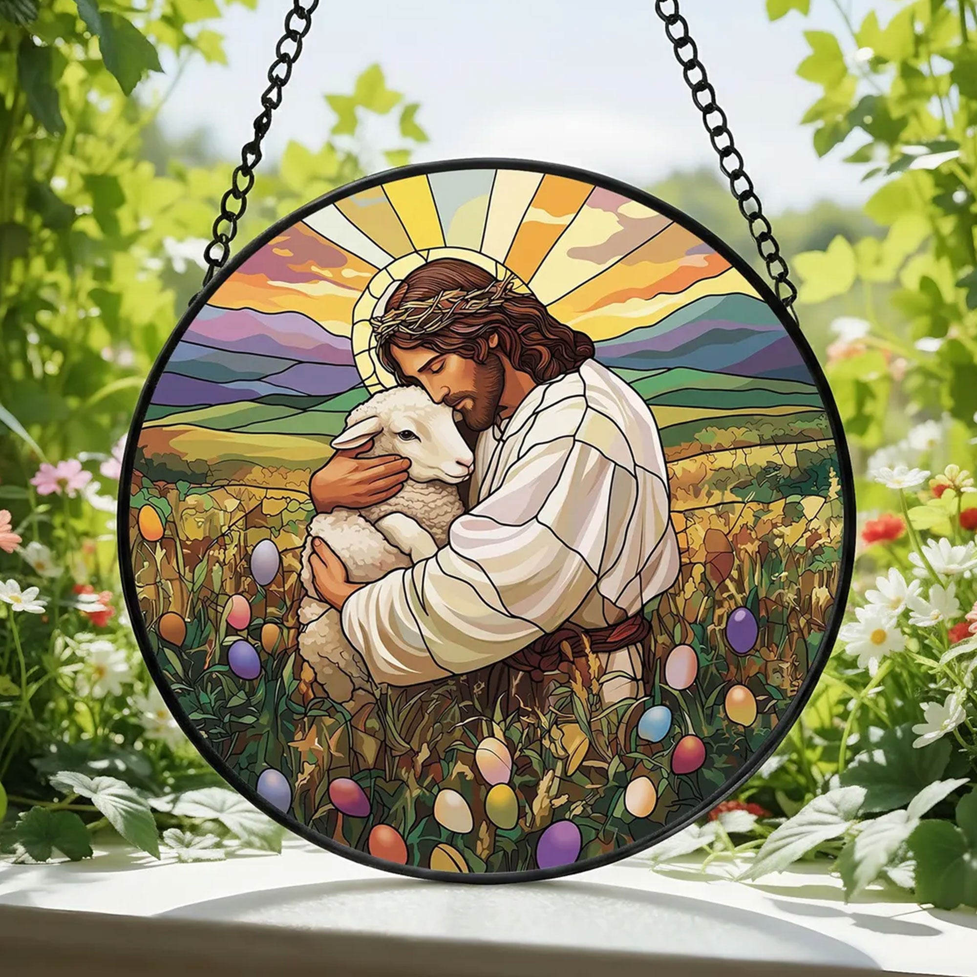 Jesus Good Shepherd Easter Suncatcher, Christ Holding Lamb Window Hanging, Christian Spring Decor