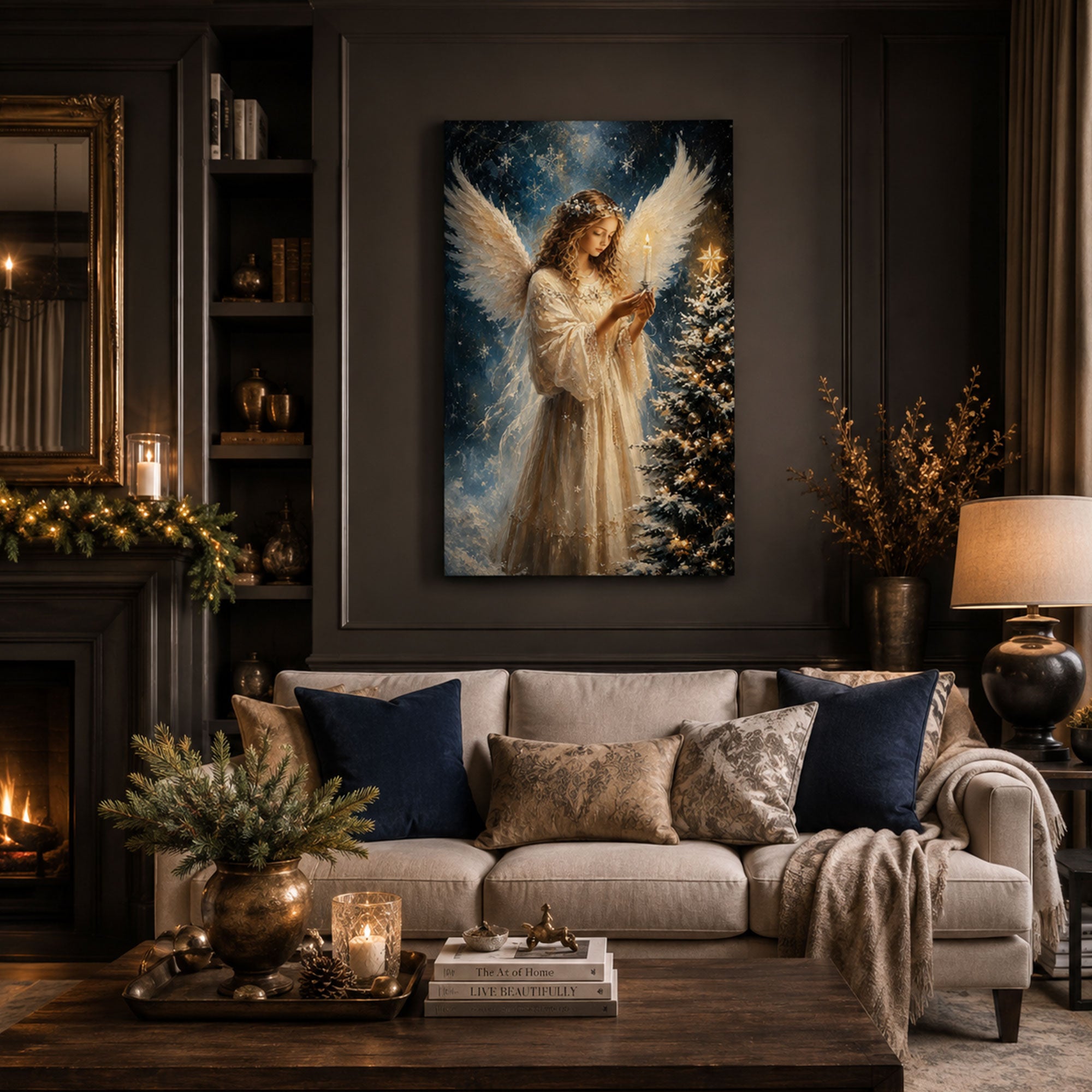 Christmas Angel Candlelight Canvas Print, Heavenly Winter Wall Art, Christian Home Decor