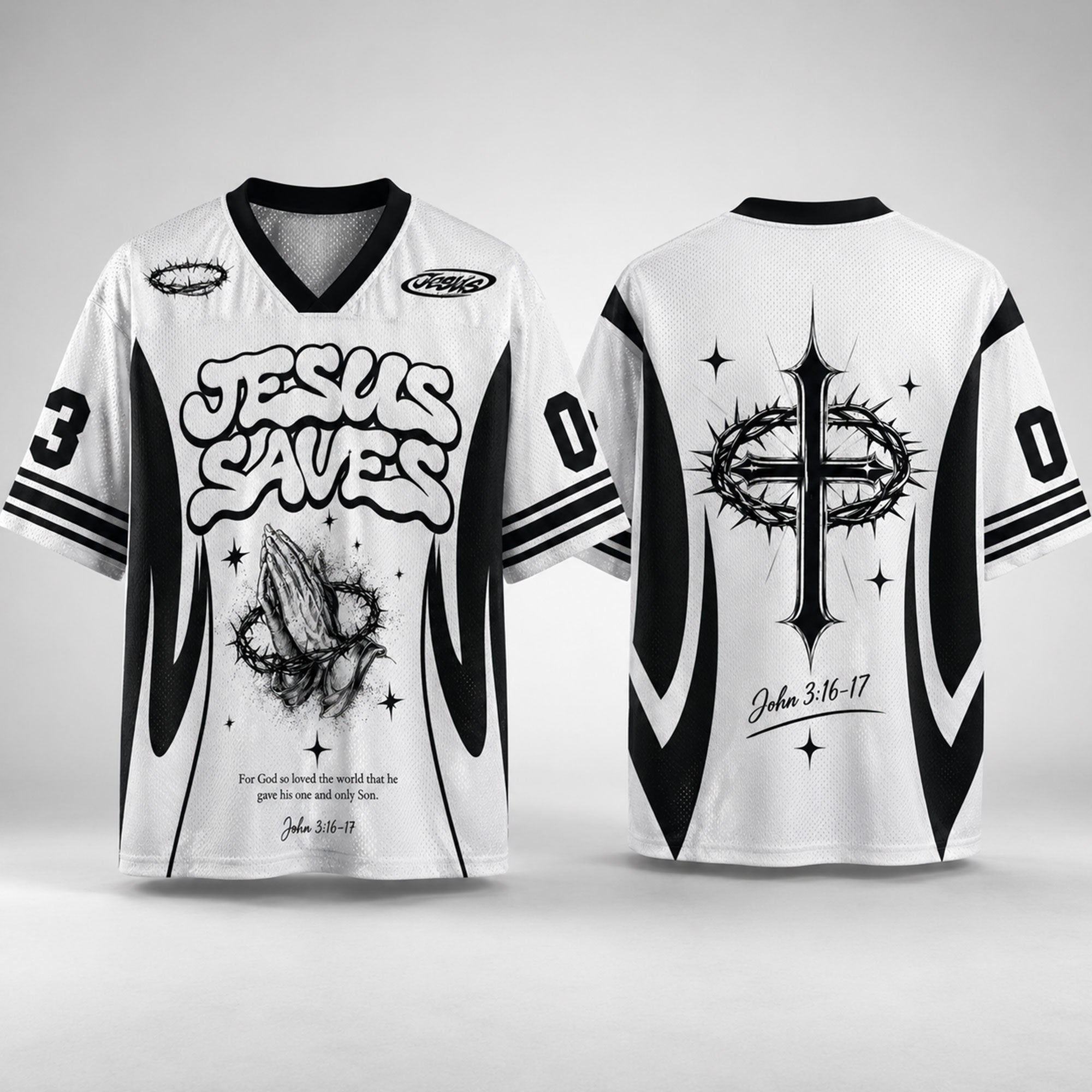 Jesus Saves Christian Mesh Jersey, John 3:16–17 Bible Verse Shirt, Praying Hands and Crown of Thorns Faith Apparel