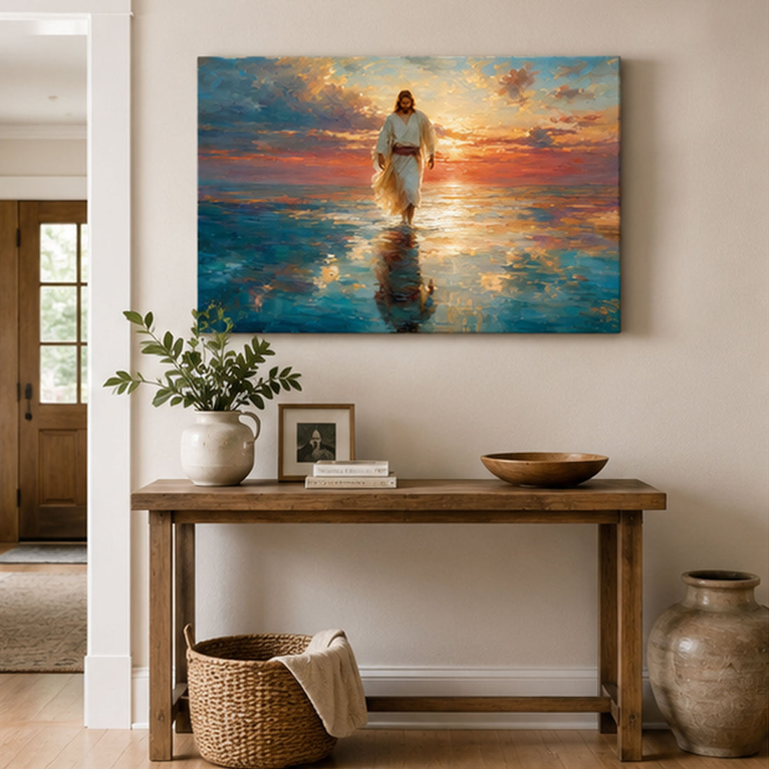 Jesus Walking on Water at Sunset Canvas Print, Christian Home Decor