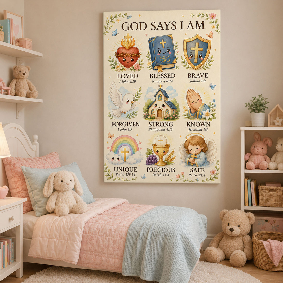 God Says I Am Christian Kids Canvas Print Catholic Affirmation Wall Art Bible Verse Nursery Decor