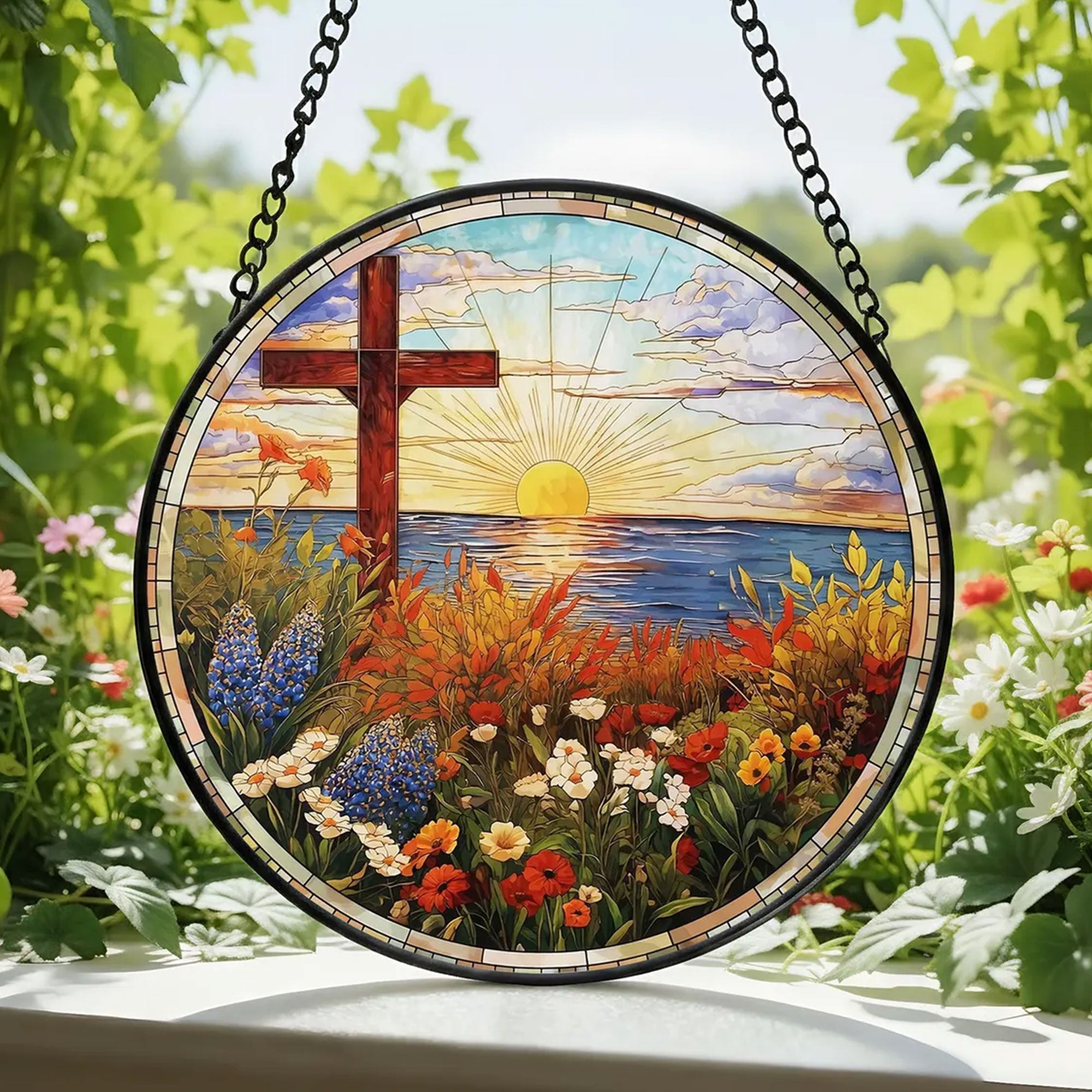 Christian Cross Sunrise Suncatcher, Ocean and Wildflower Window Hanging, Faith Inspired Home Decor