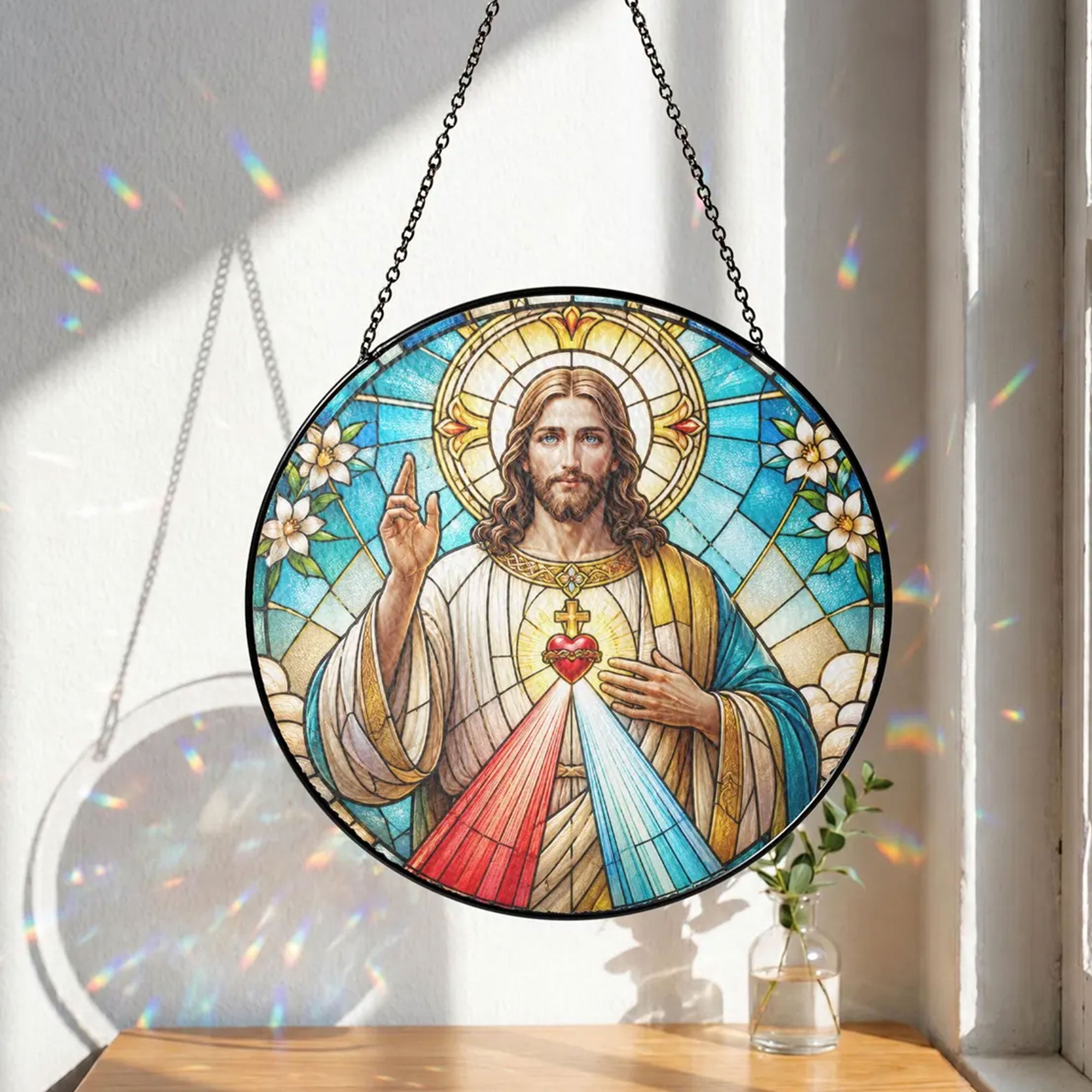 Divine Mercy Jesus Suncatcher, Sacred Heart Catholic Window Hanging, Christian Faith Gift