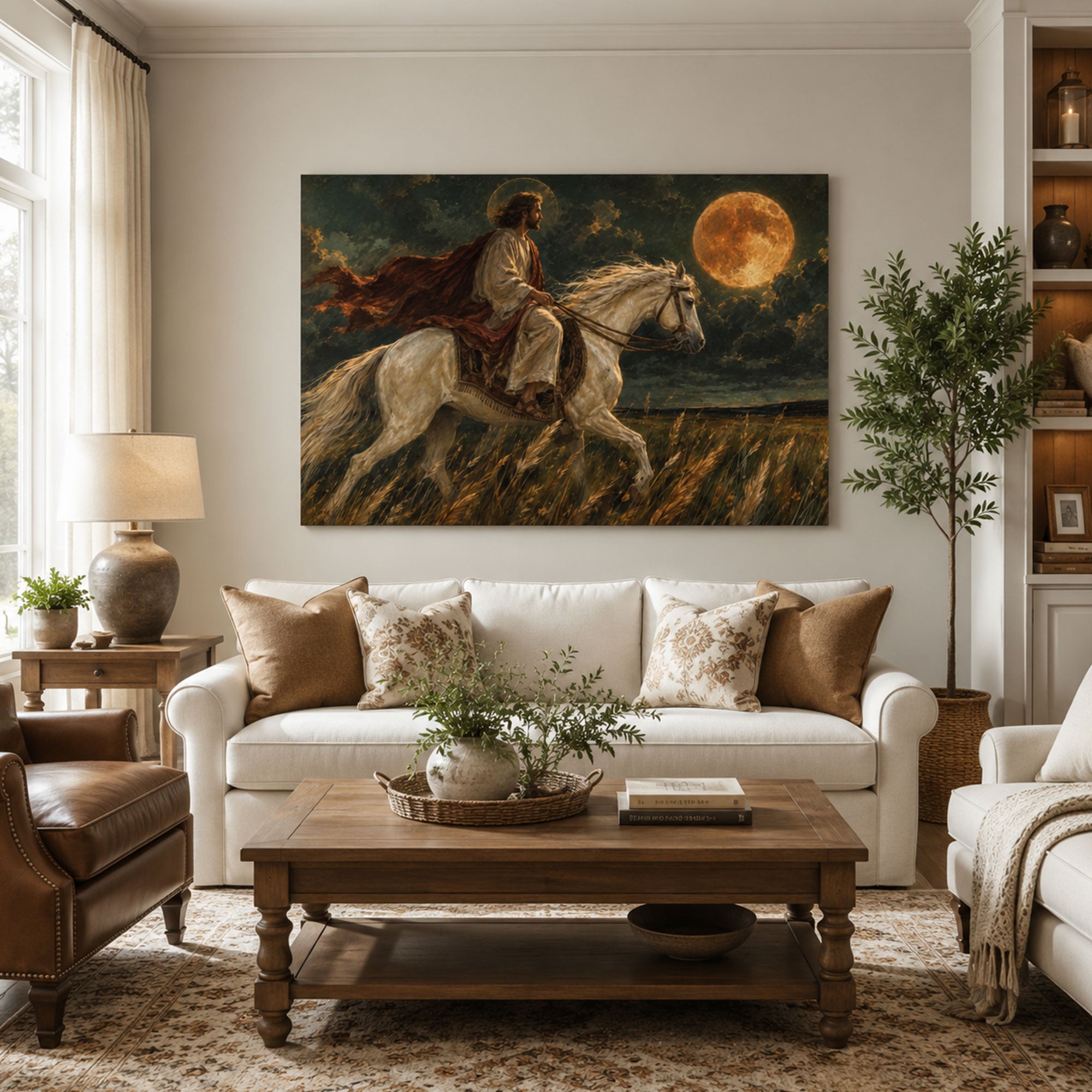Jesus with White Horse byJesus Riding a White Horse Under the Moon Canvas Print, Christian Home Decor Waterfall Canvas Print, Christian Home Decor (Copy)