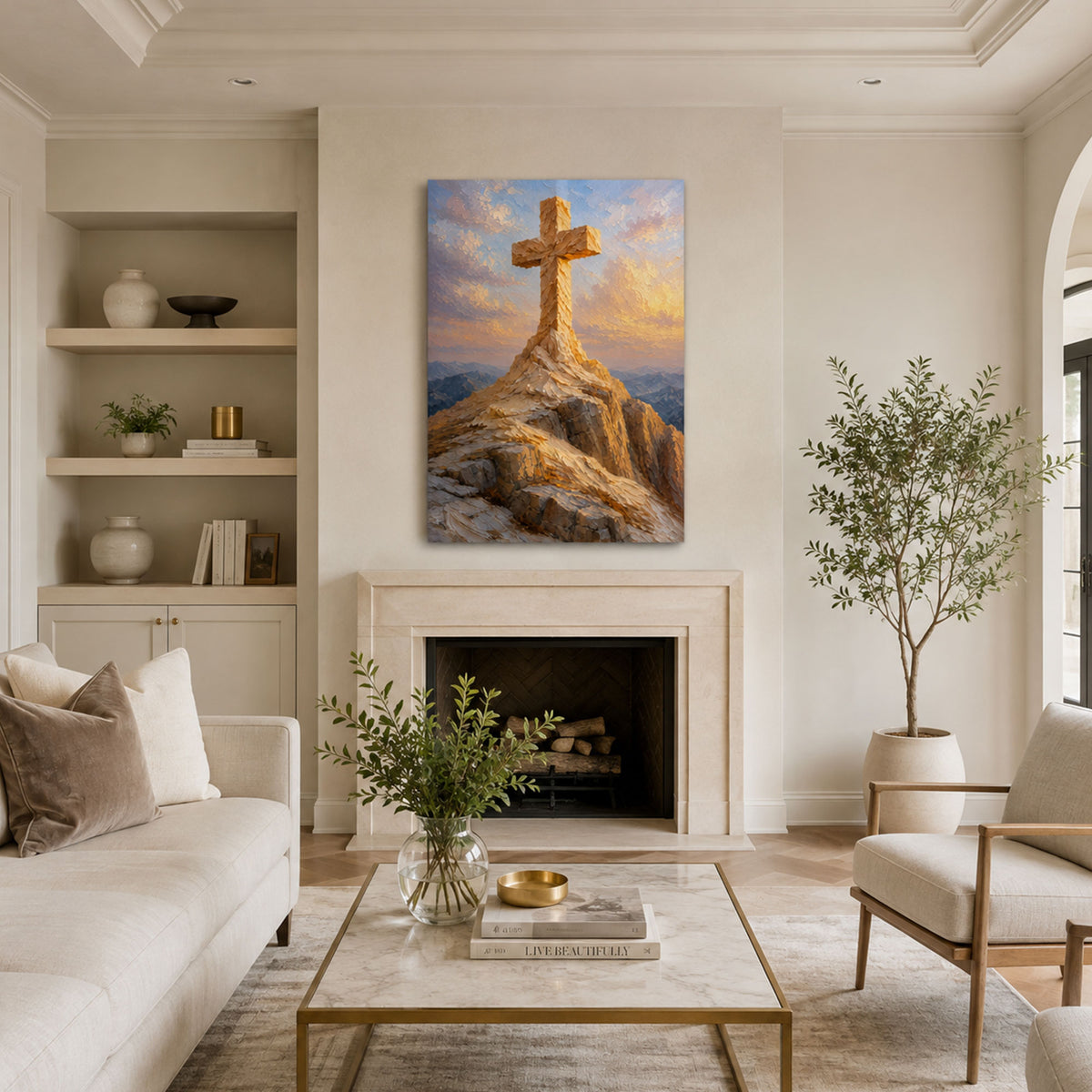 Cross on the Mountain Canvas Print, Christian Wall Decor, Faith Gift for Home
