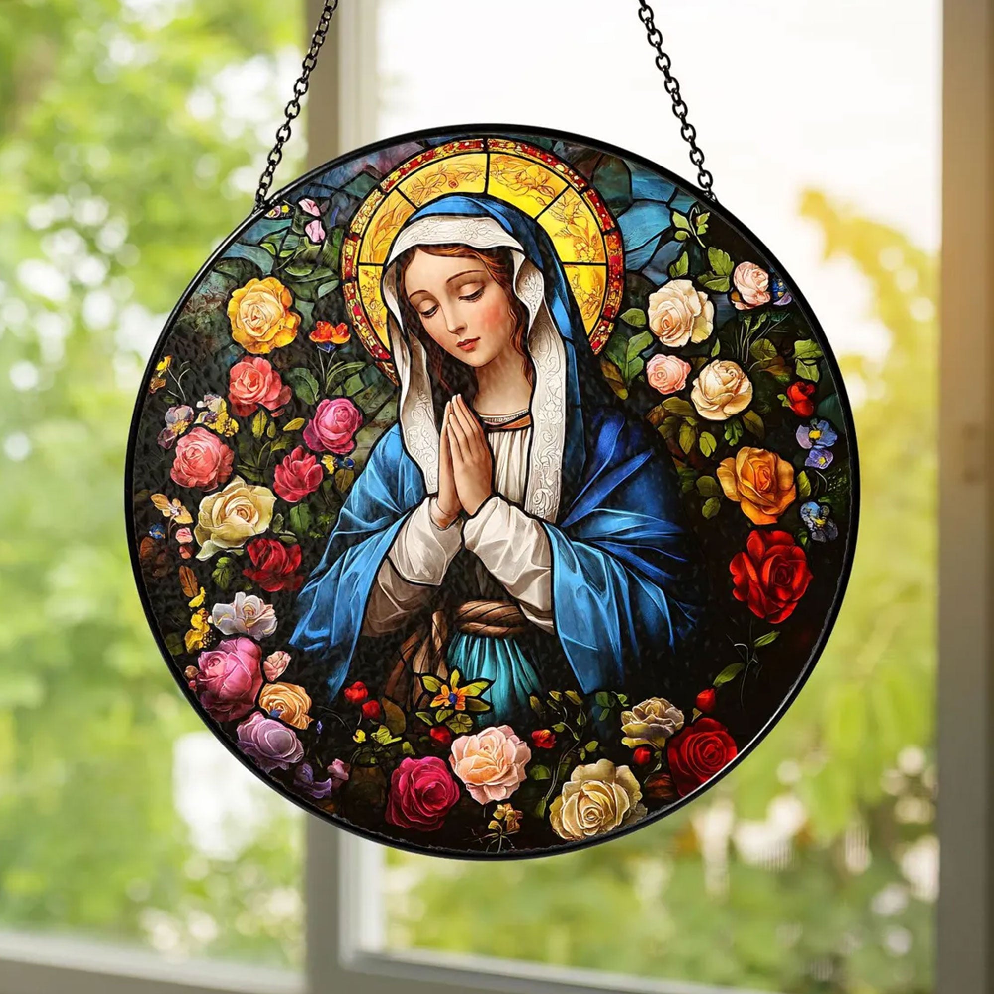 Virgin Mary Stained Glass Suncatcher, Holy Mother Catholic Window Hanging, Christian Decor Gift