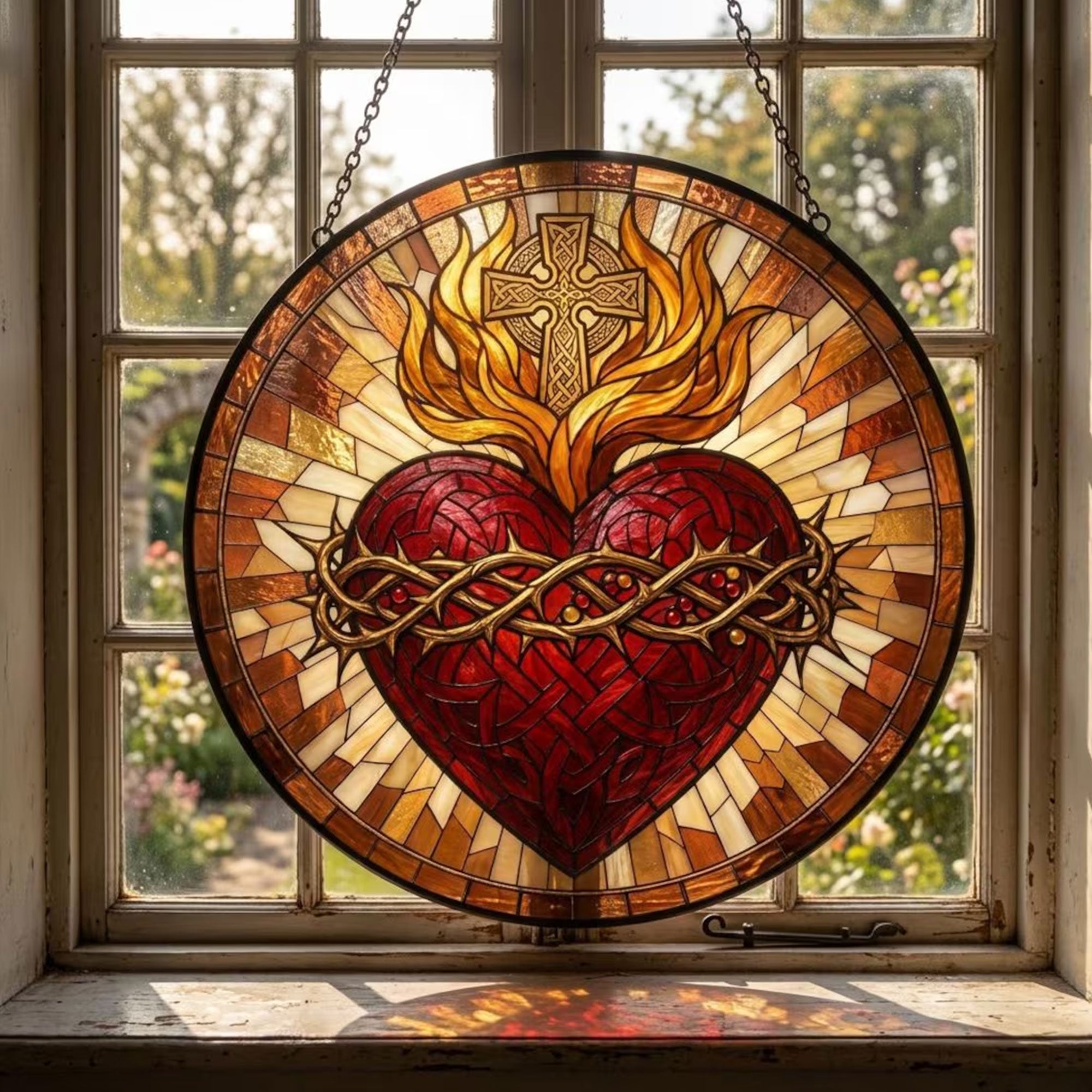 Sacred Heart of Jesus Suncatcher, Crown of Thorns and Cross, Catholic Window Hanging