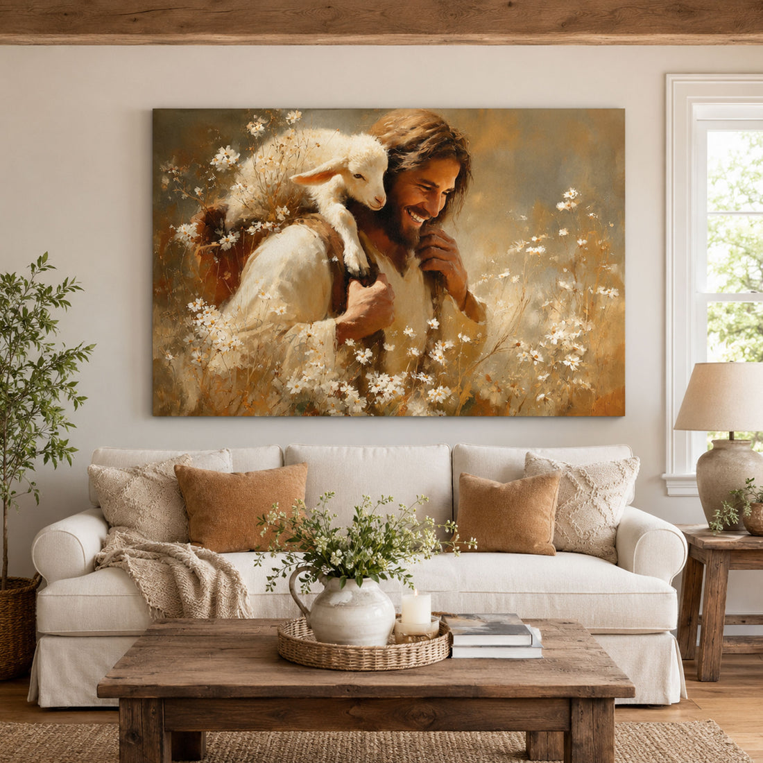 Jesus with Lamb Canvas Print, Good Shepherd Christian Wall Art, Religious Faith Home Decor, Inspirational Gift