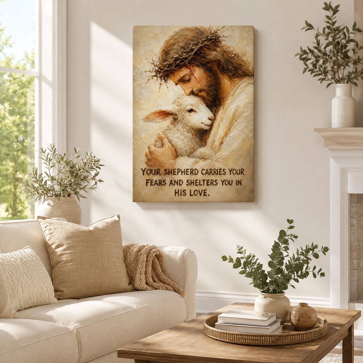 Jesus Good Shepherd with Lamb Canvas Print, Your Shepherd Carries Your Fears Christian Wall Decor, Faith Gift