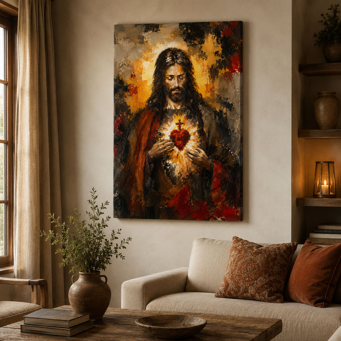 Sacred Heart Jesus Canvas Print, Dark Devotional Catholic Wall Art, Christian Faith Home Decor