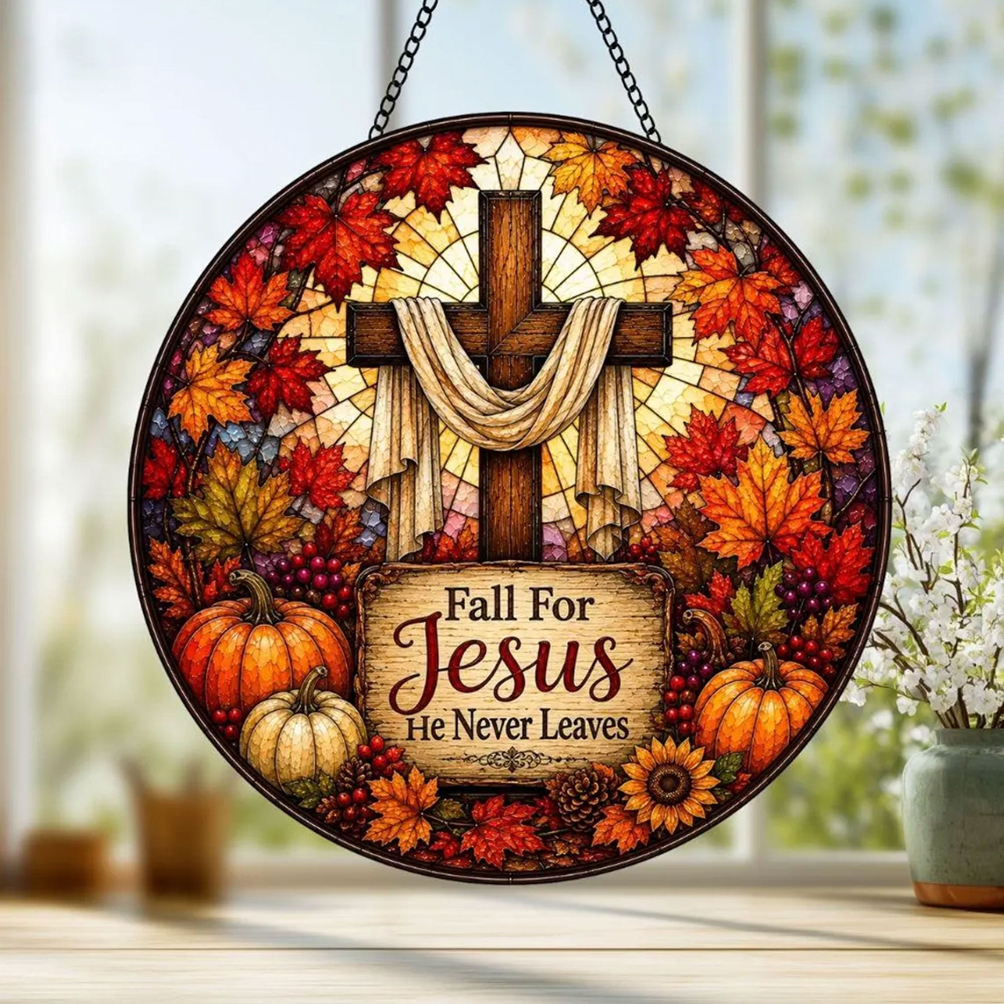 Fall for Jesus Christian Suncatcher, He Never Leaves Cross Window Hanging, Autumn Faith Decor