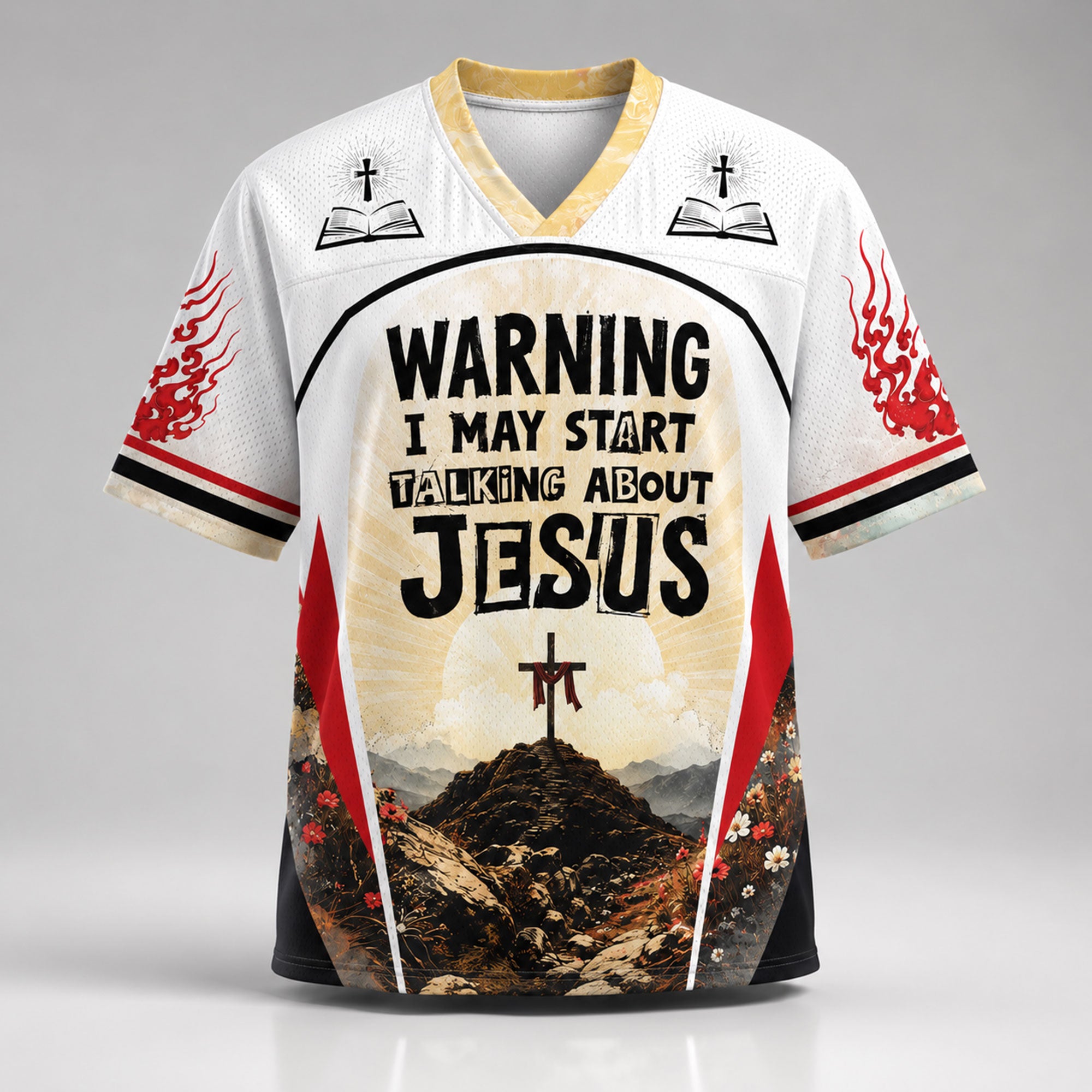 Warning I May Start Talking About Jesus Christian Mesh Jersey, The Way The Truth The Life Cross Faith Shirt