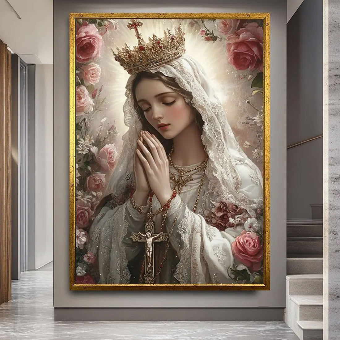 Holy Virgin Mary Canvas Wall Art, Elegant Madonna Floral Painting, Catholic Religious Home Decor