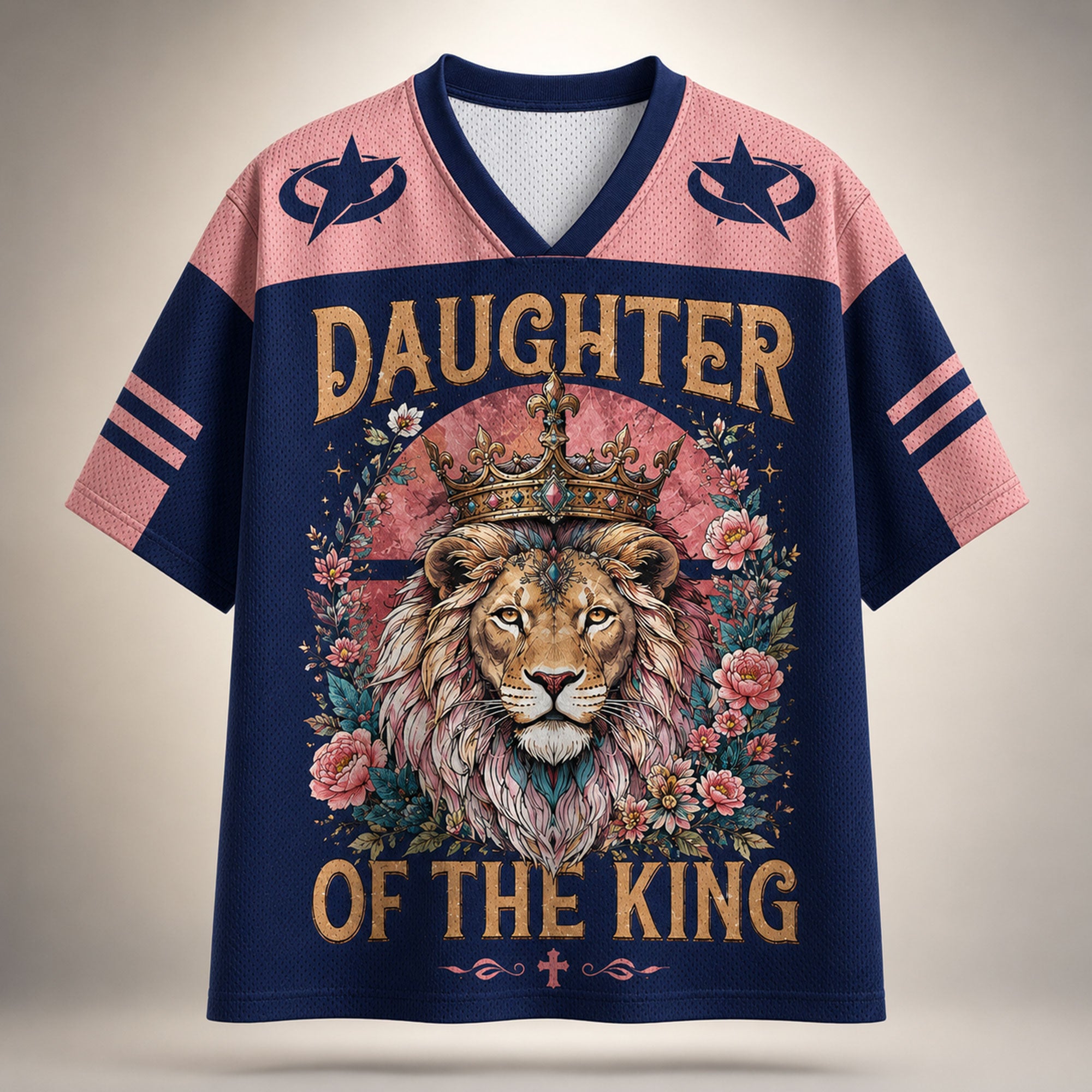 Daughter of the King Christian Mesh Jersey, Crowned Lion Floral Shirt, Cross Wings Faith Apparel