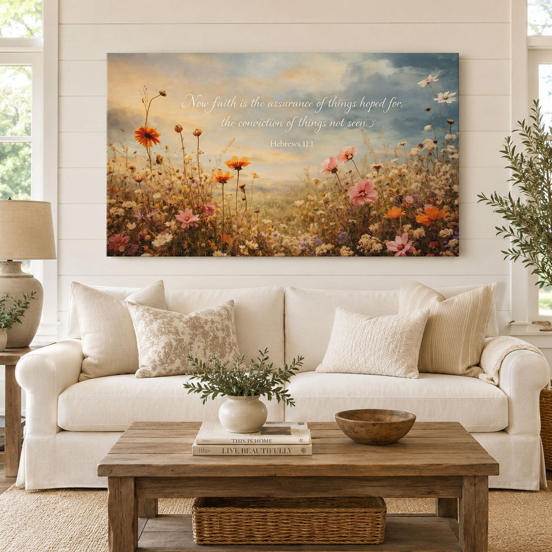 Hebrews 11:1 Now Faith Is the Assurance Canvas Print, Floral Bible Verse Christian Wall Art, Faith Home Decor Gift