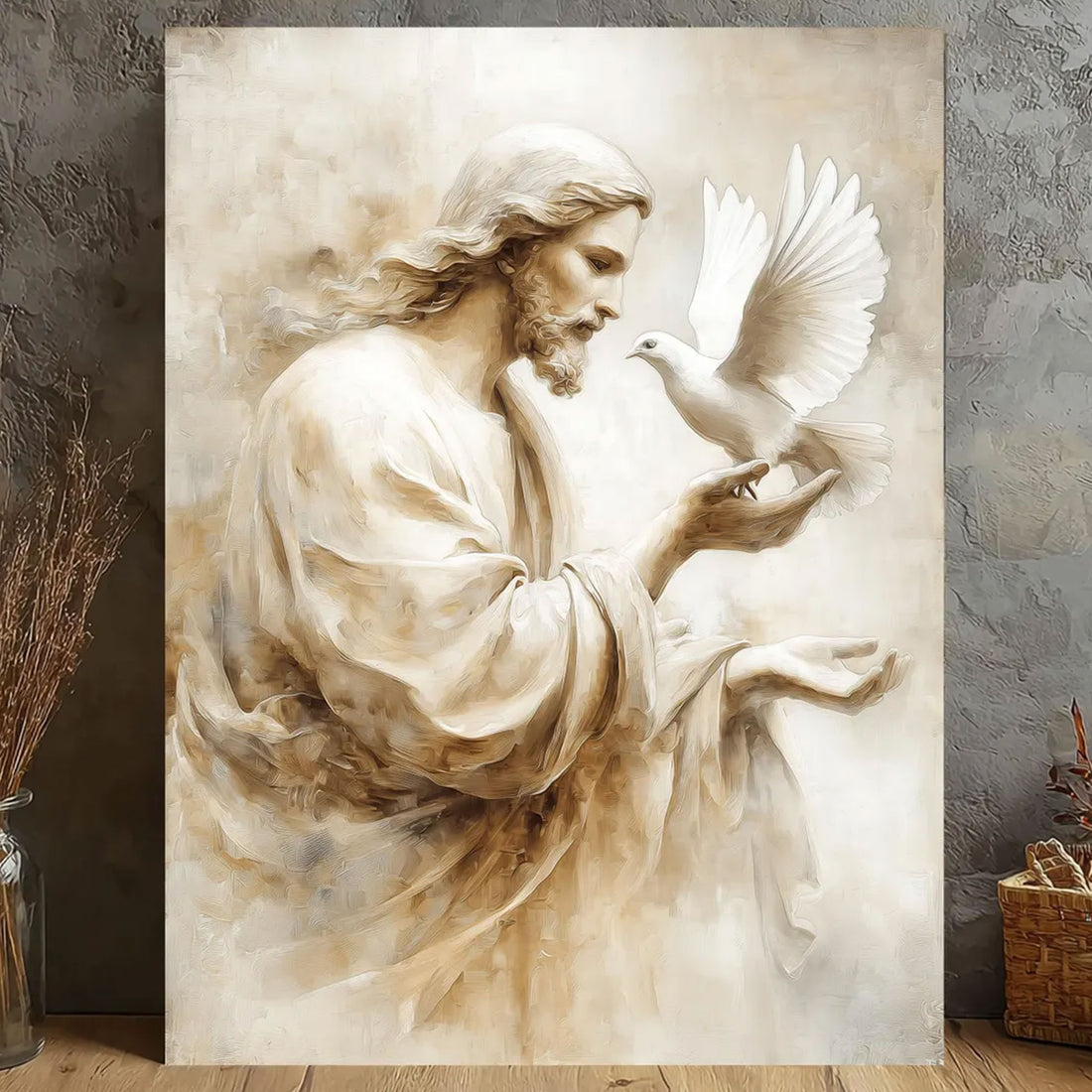 Jesus with Dove Canvas Wall Art, Holy Spirit Neutral Texture Painting, Christian Faith Home Decor
