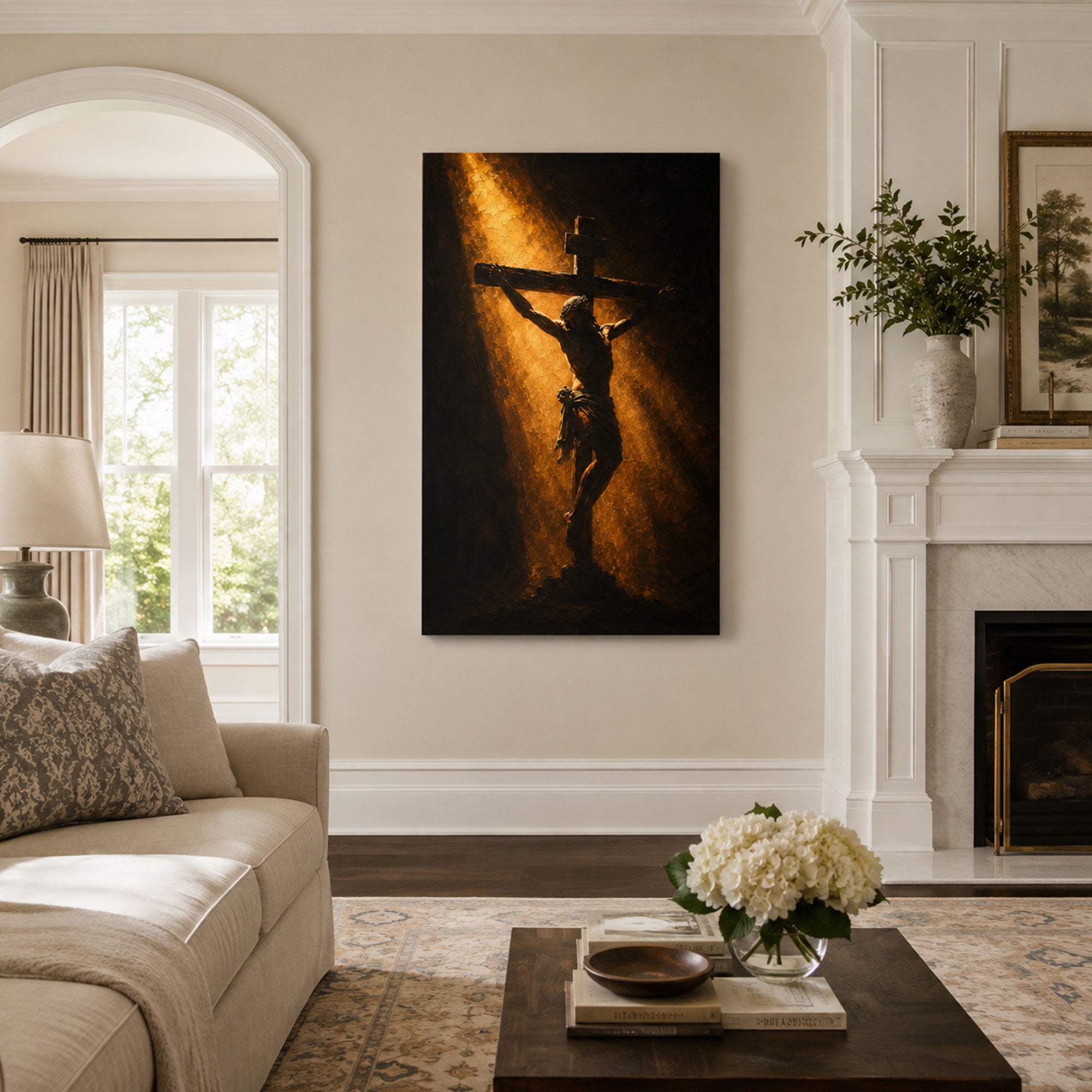 Crucifixion of Jesus in Golden Light Canvas Print, Christian Home Decor