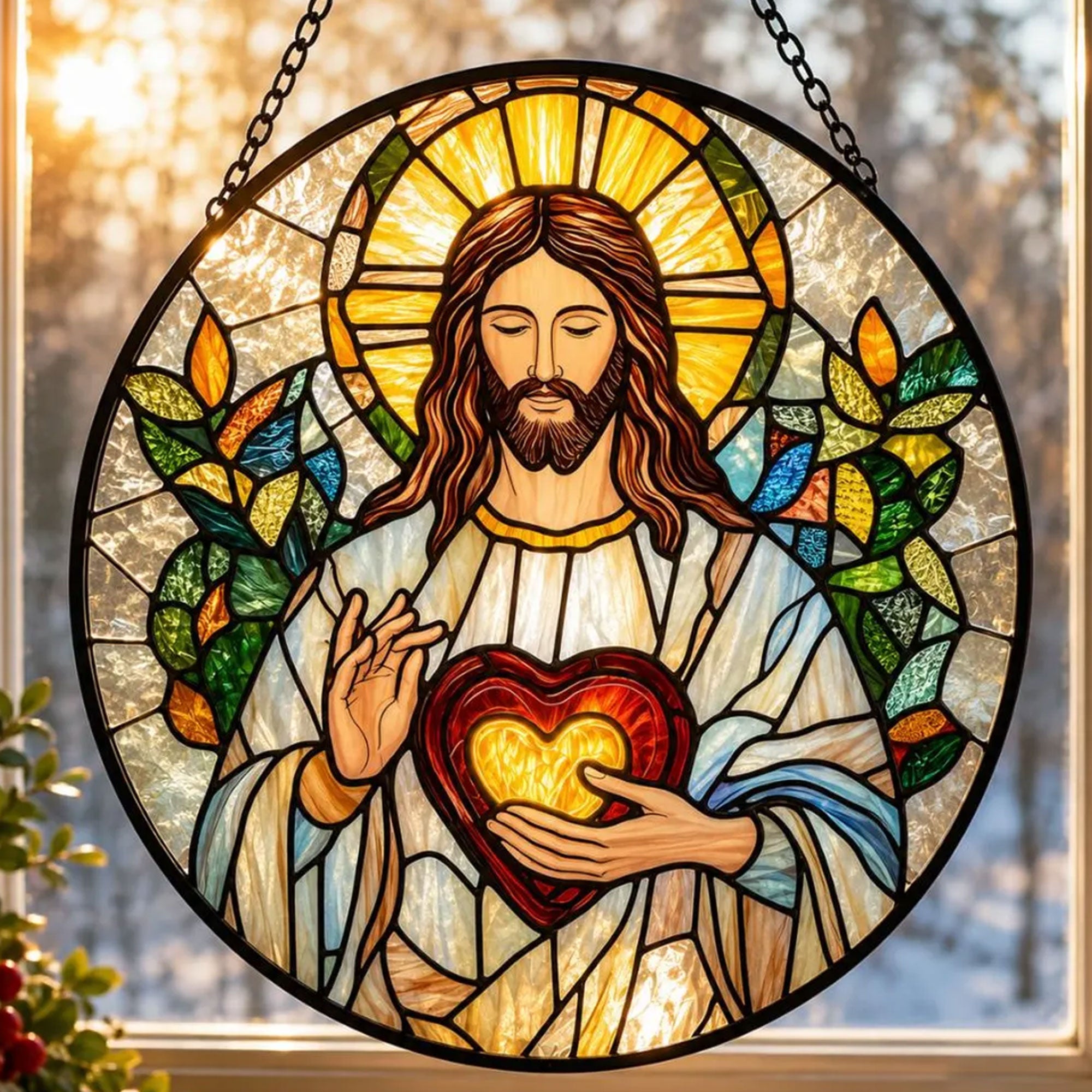 Sacred Heart of Jesus Suncatcher, Christian Window Hanging, Catholic Religious Gift for Her