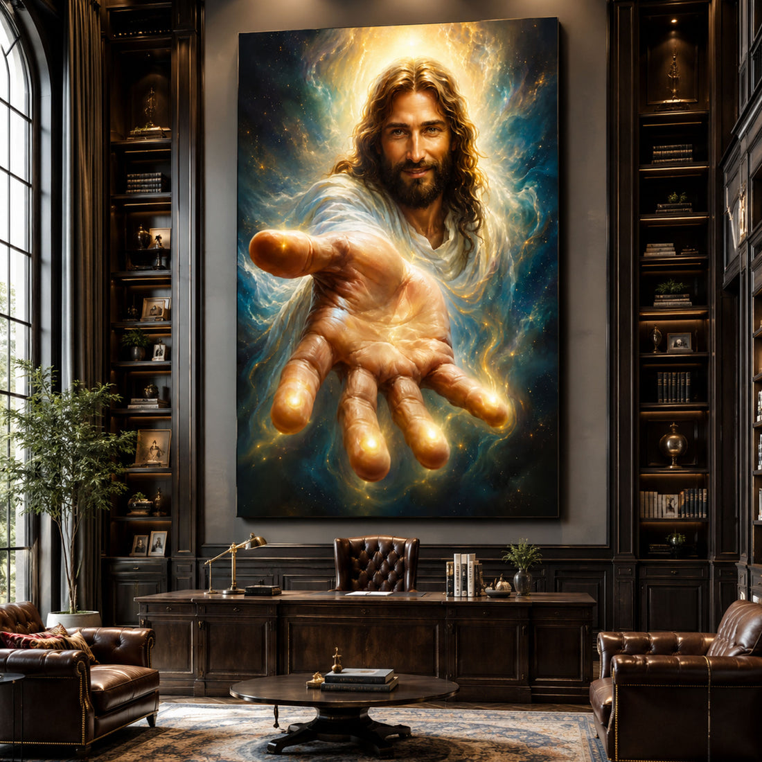 Heavenly Jesus Reaching Hand Canvas Print, Glowing Divine Light Christian Wall Art, Spiritual Galaxy Faith Decor