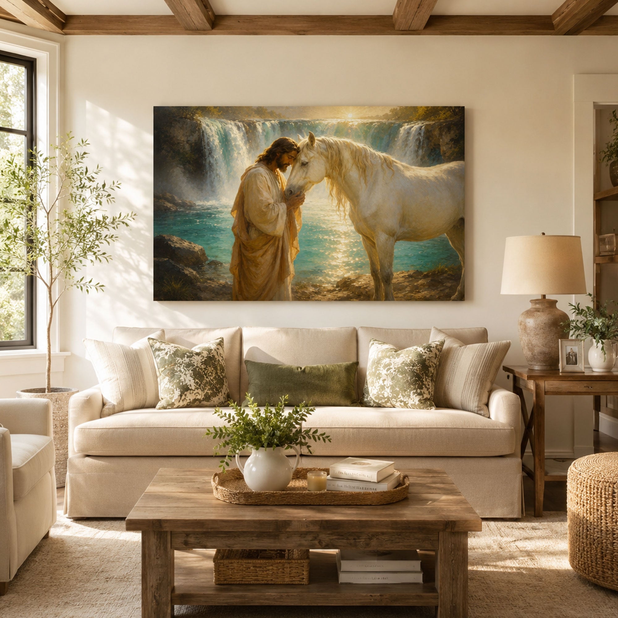 Jesus with White Horse by Waterfall Canvas Print, Christian Home Decor