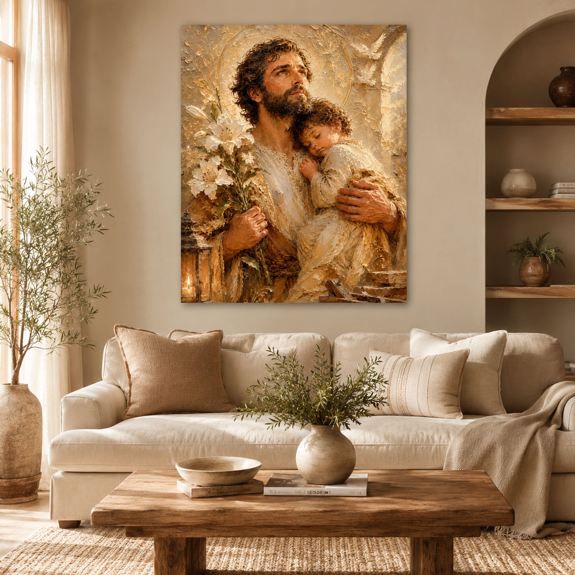 Saint Joseph and Child Jesus Canvas Print, Catholic Wall Art, Christian Home Decor