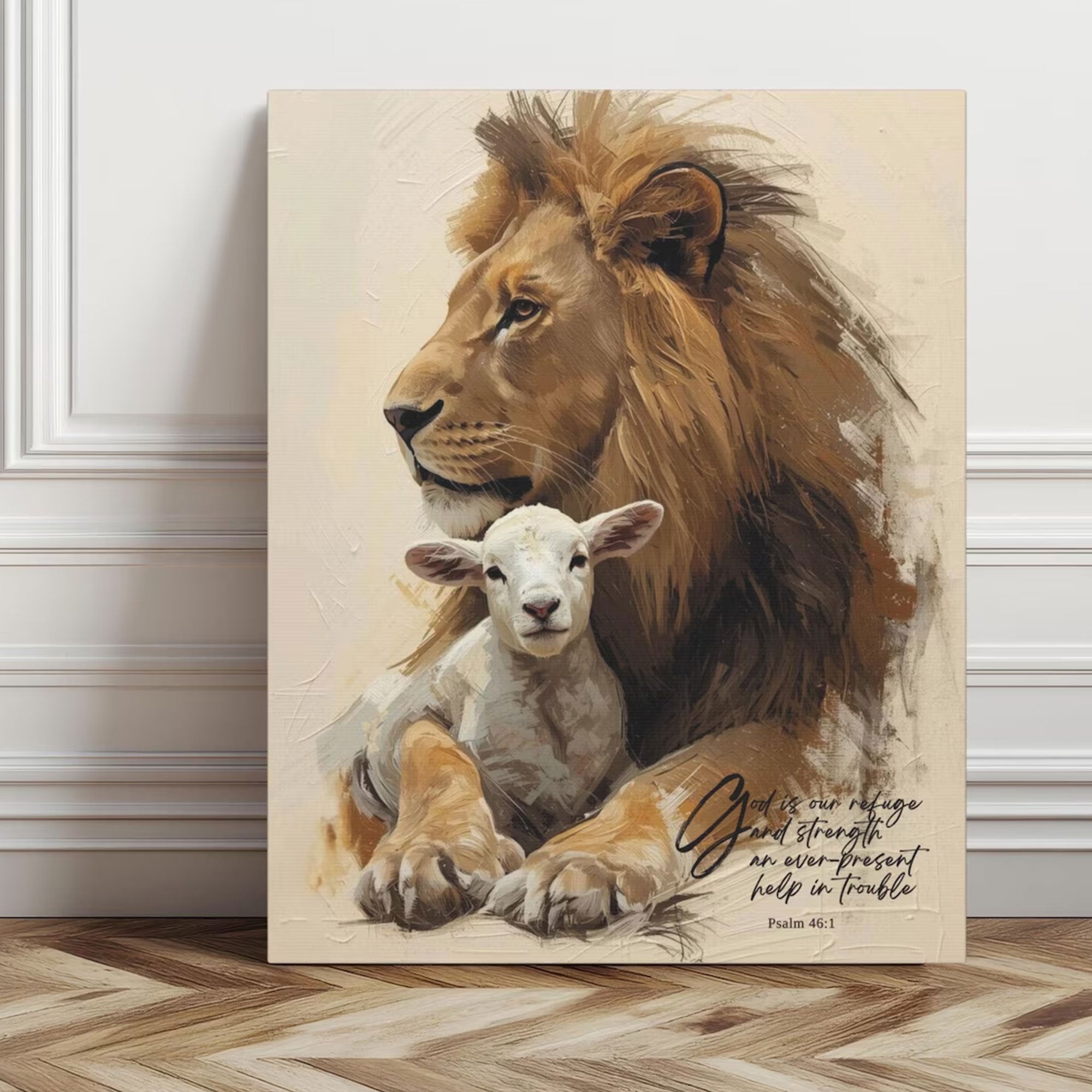 Lion and Lamb Canvas Print with Psalm 46:1, Christian Wall Art, Bible Verse Decor, Faith Inspired Gift
