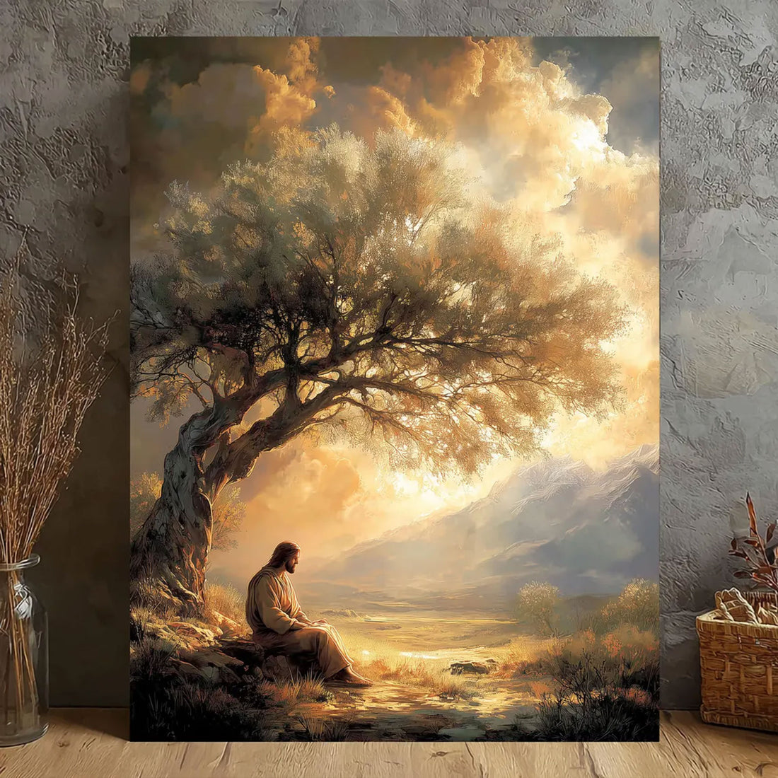 Jesus Praying Under Tree Canvas Wall Art, Christian Faith Landscape, Religious Home Decor