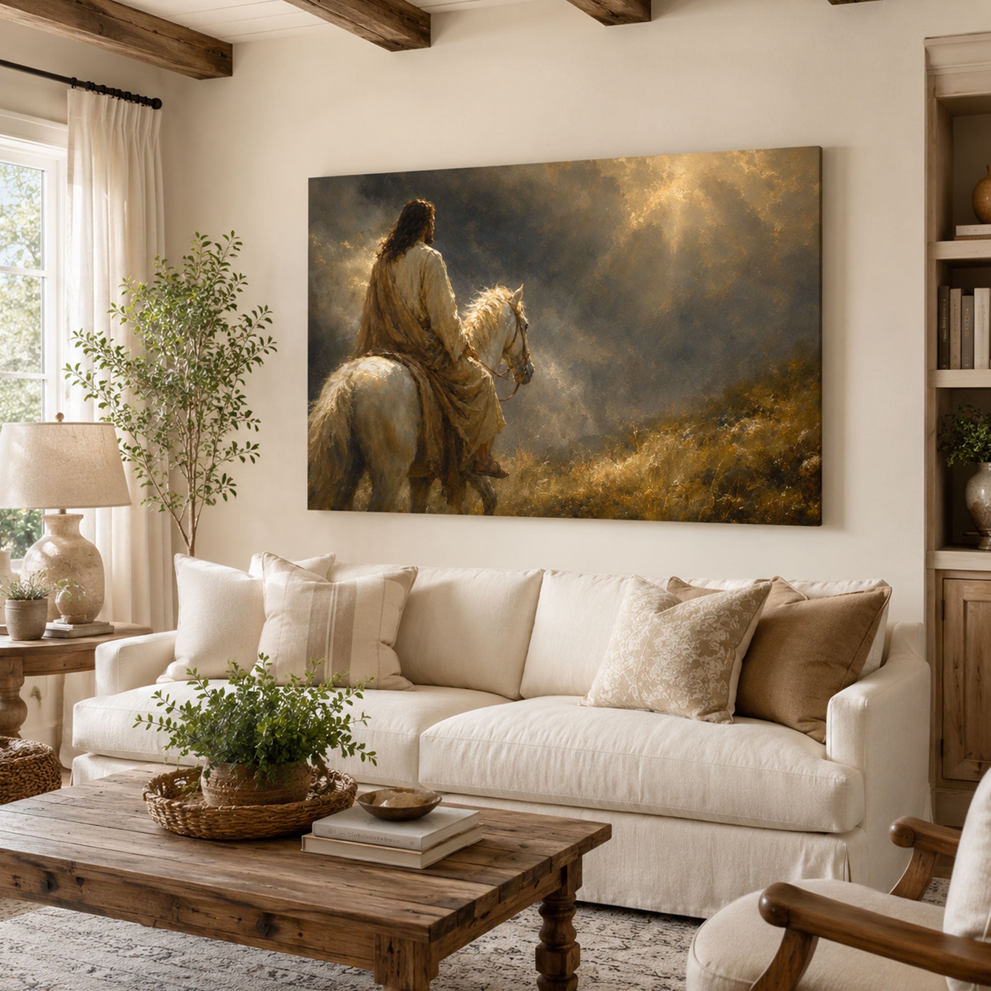 Jesus Riding a White Horse Toward the Light Canvas Print, Christian Home Decor