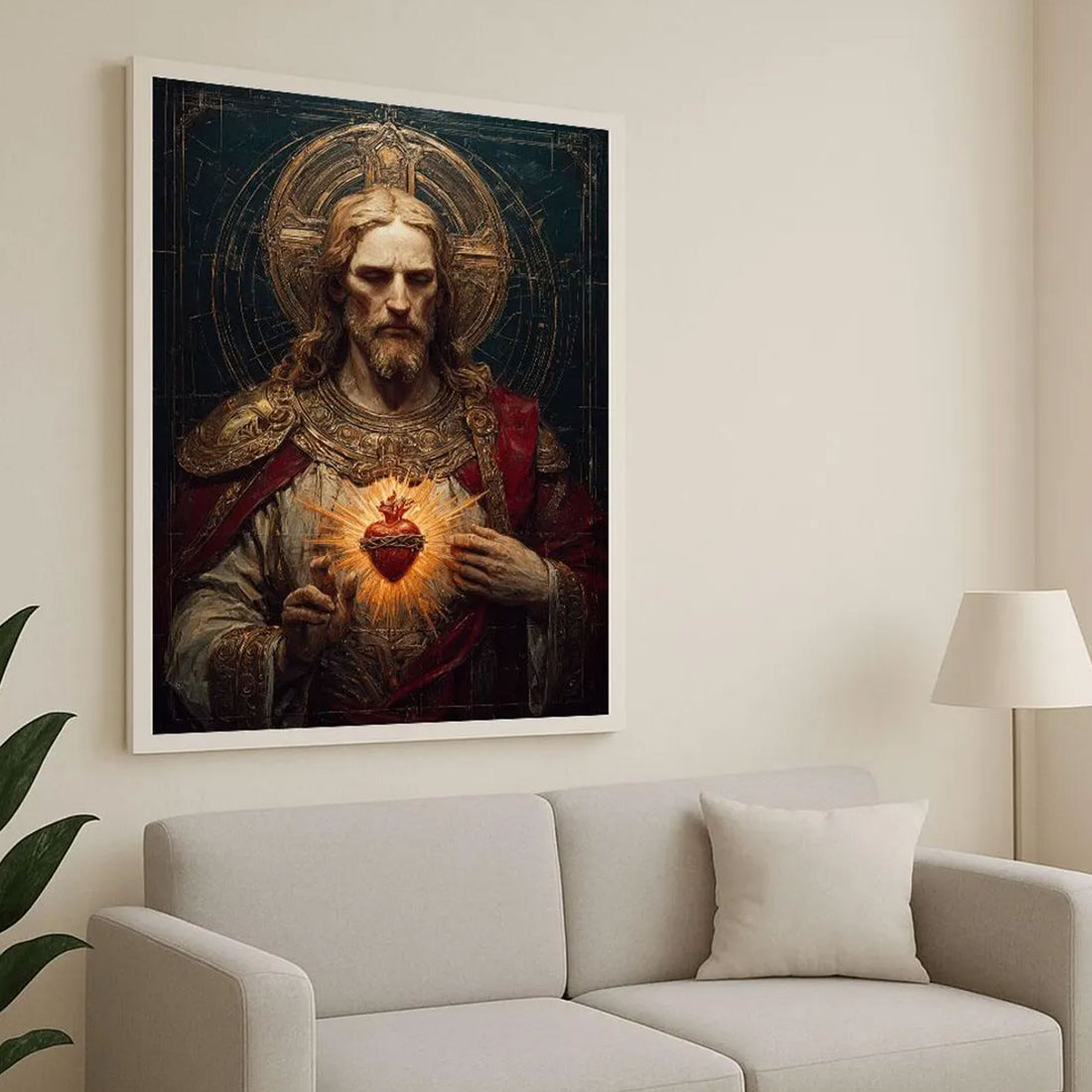 Radiant Jesus Sacred Heart Canvas Wall Art, Christian Spiritual Decor, Statement Living Room Piece