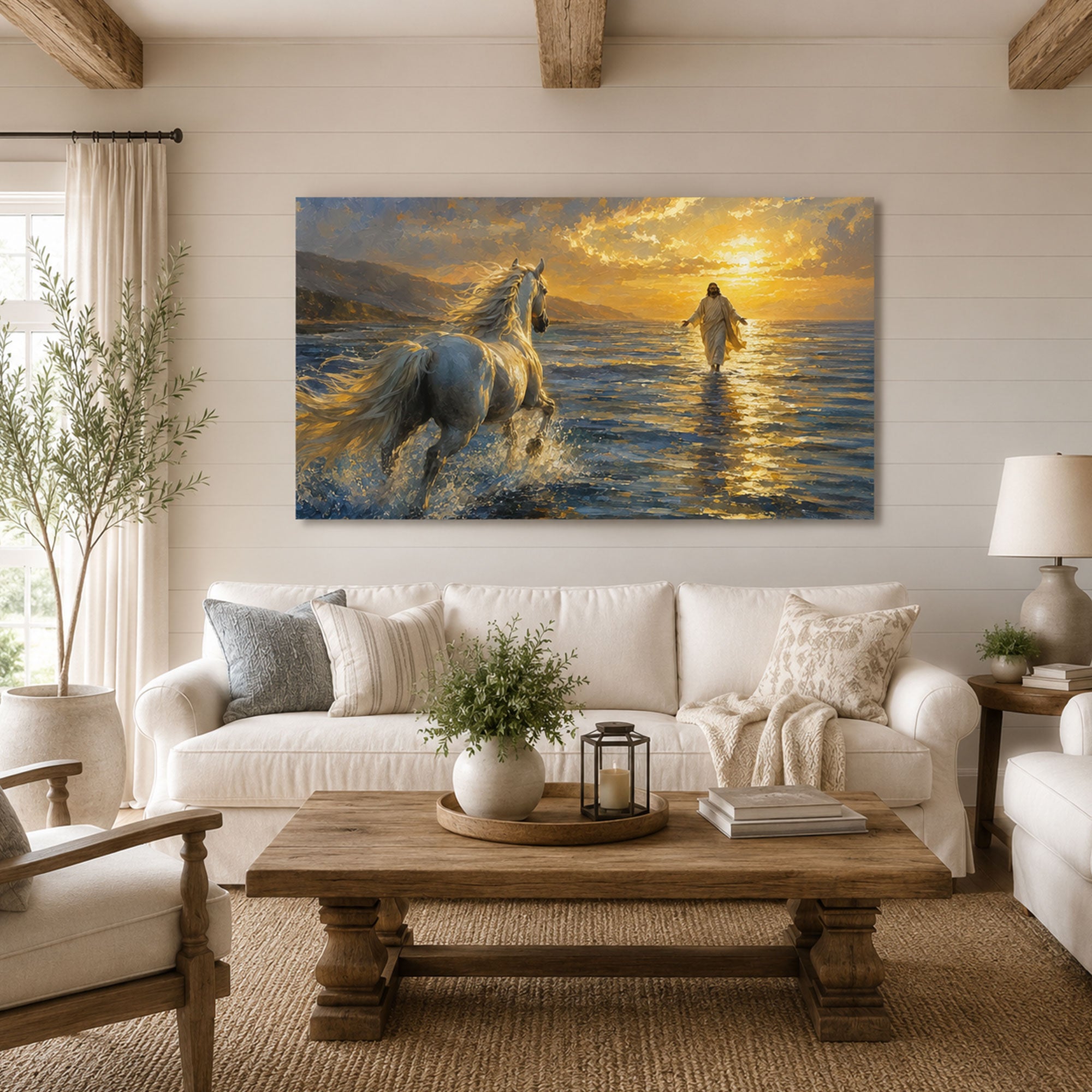 White Horse Running Toward Jesus Canvas Print, Christian Home Decor