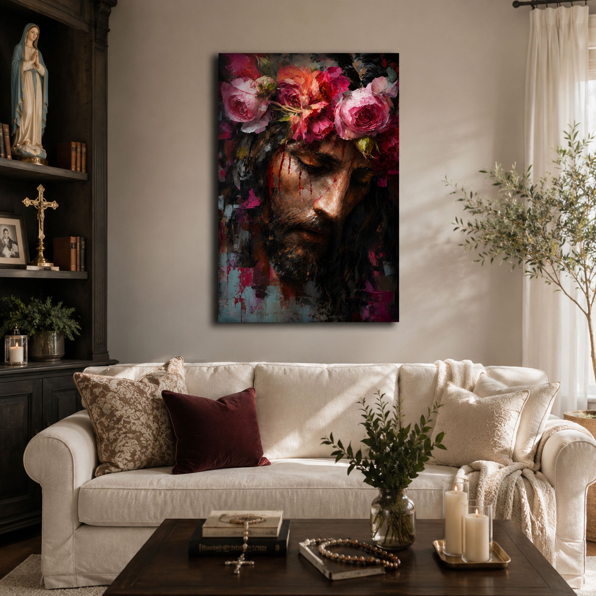 Jesus with Floral Crown Canvas Print, Sacred Heart Christian Wall Art