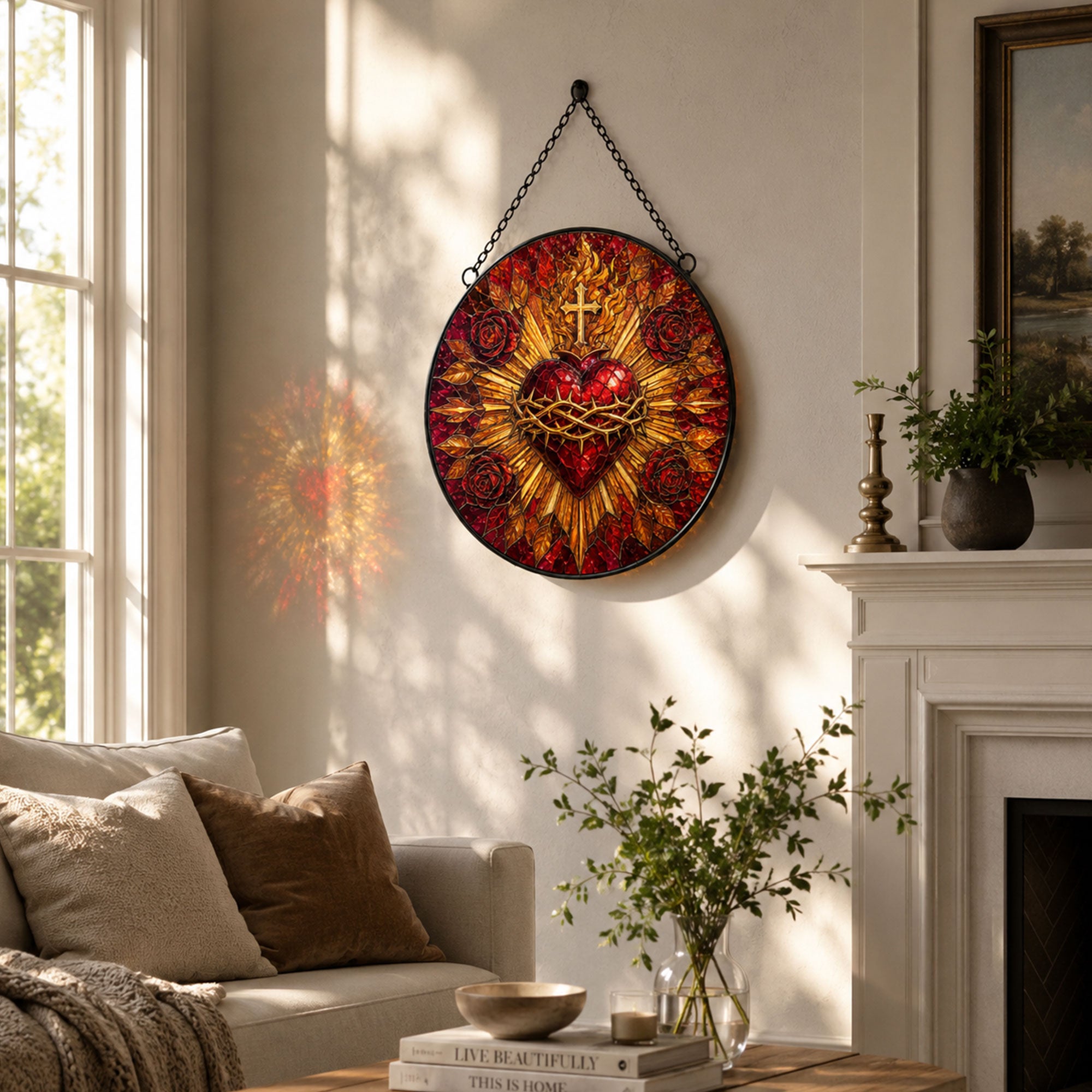 Sacred Heart of Jesus Suncatcher, Crown of Thorns and Roses Catholic Window Hanging, Christian Gift
