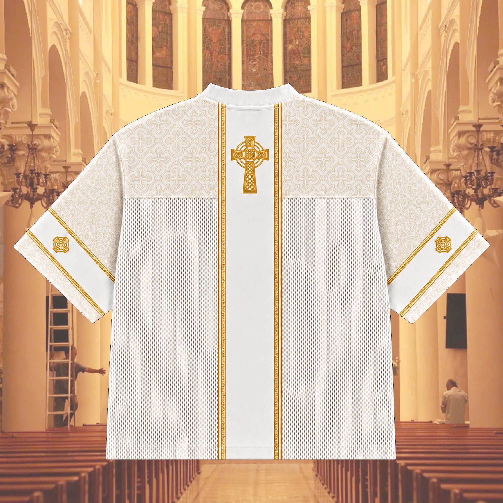 White Gold Celtic Cross Mesh Jersey, Catholic Christian Apparel