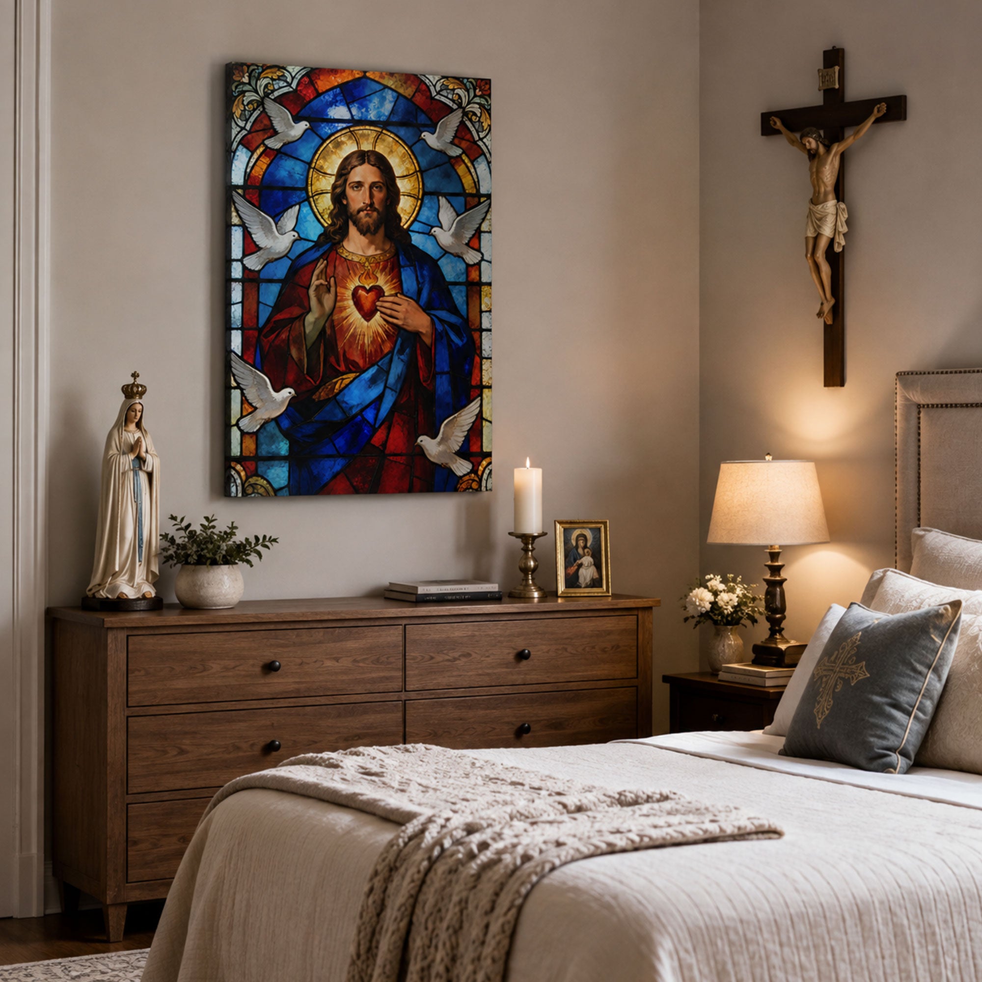 Sacred Heart of Jesus Stained Glass Canvas Print, Catholic Christian Home Decor